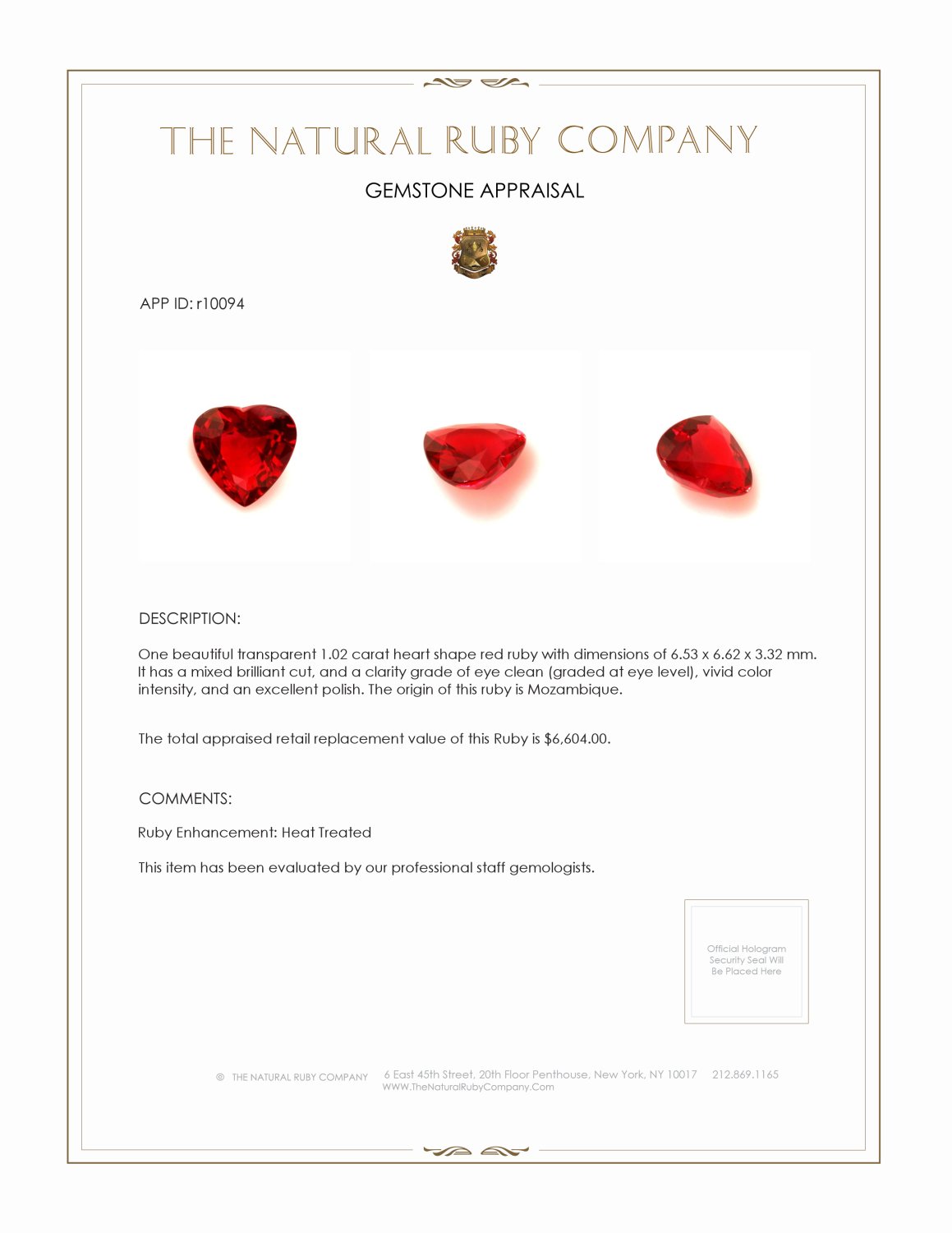 1.02 Ct. Ruby from Mozambique