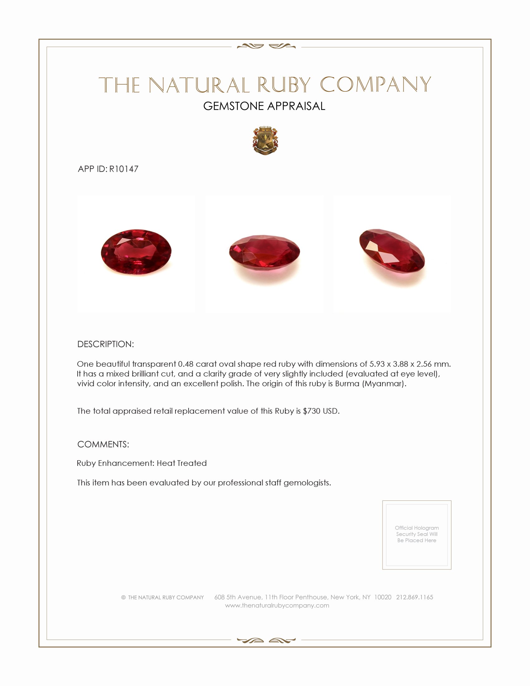0.48 Ct. Ruby from Burma (Myanmar)