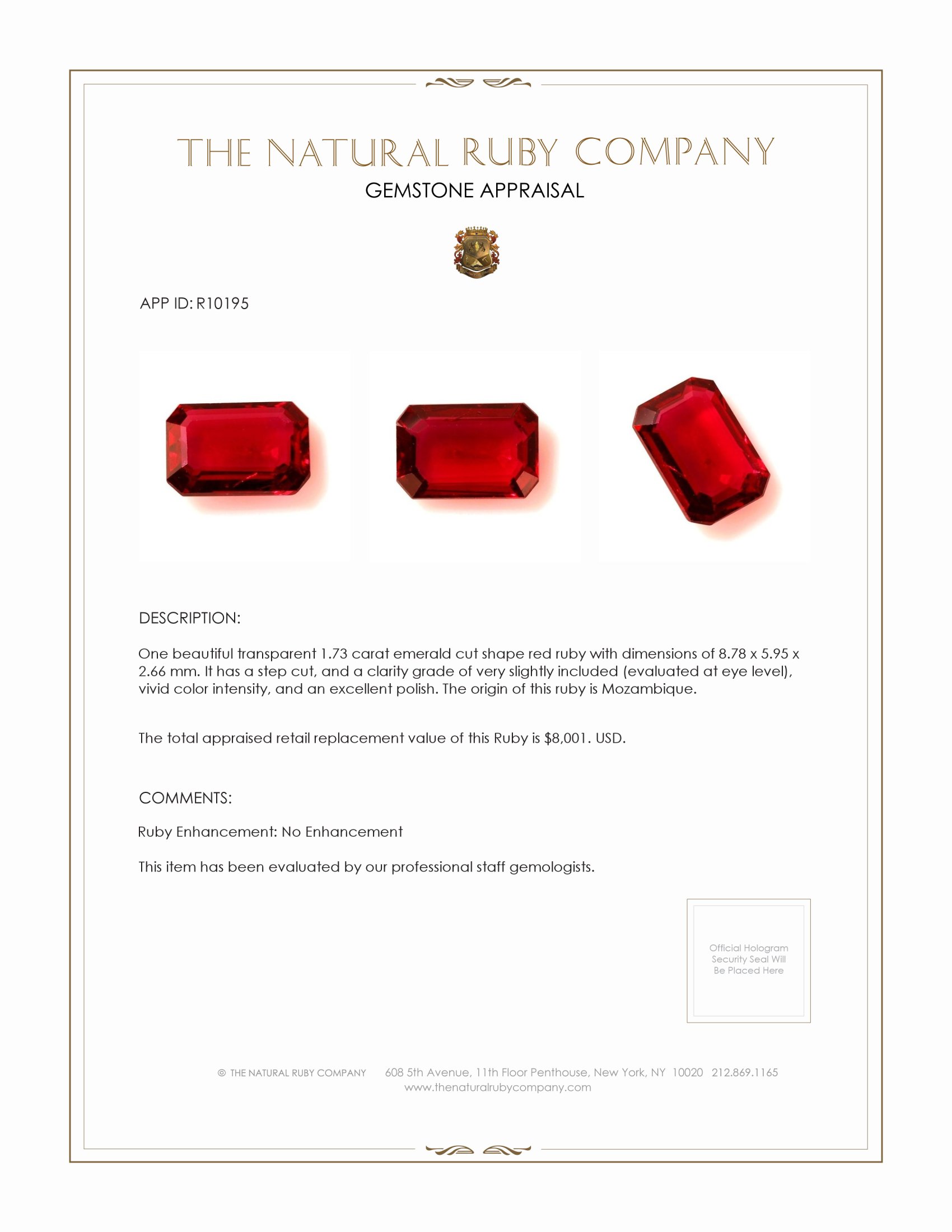 1.73 Ct. Ruby from Mozambique