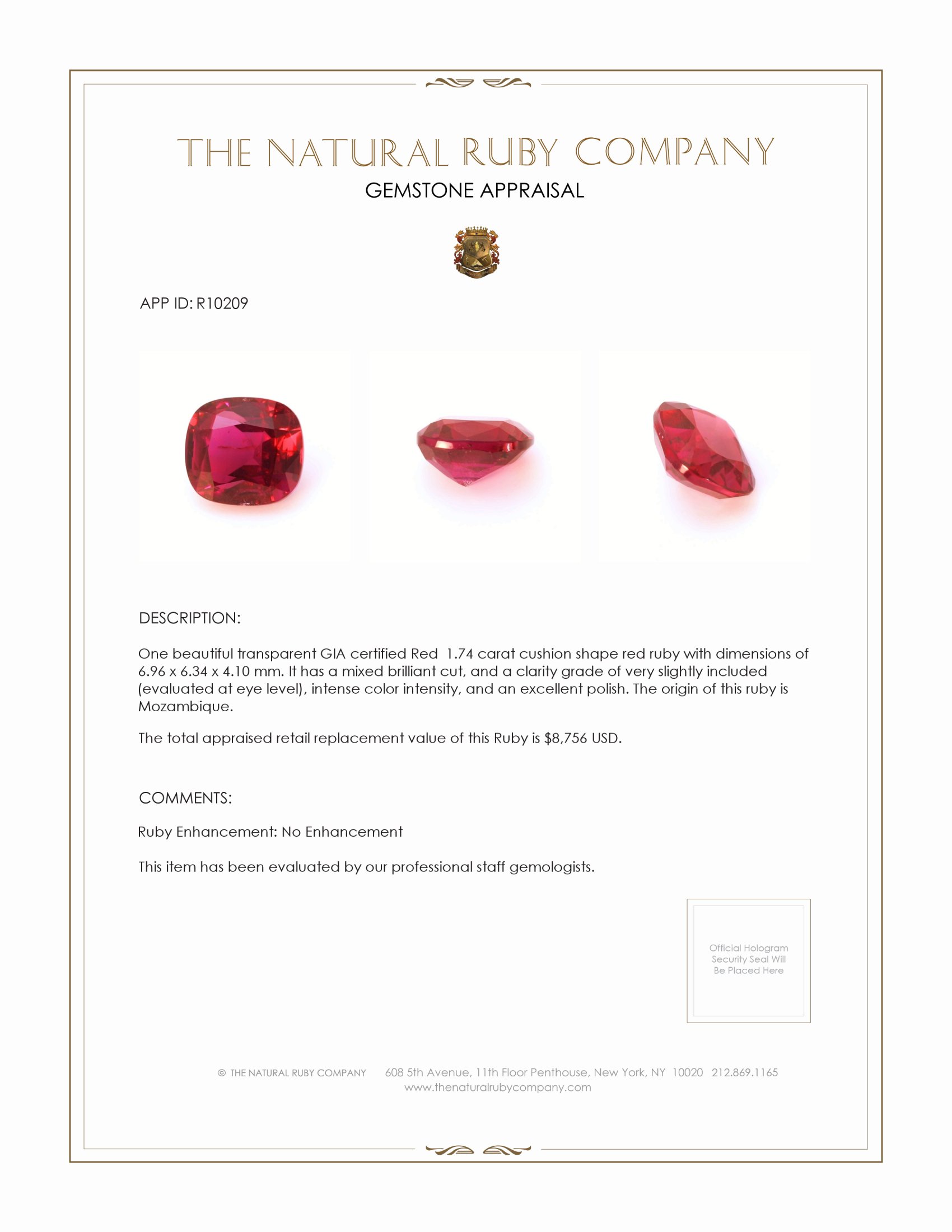 1.74 Ct. Ruby from Mozambique