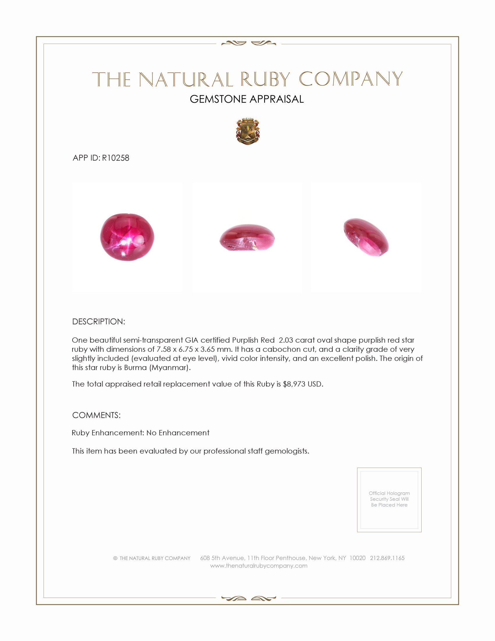 2.03 Ct. Purplish Red Star Ruby from Burma (Myanmar)