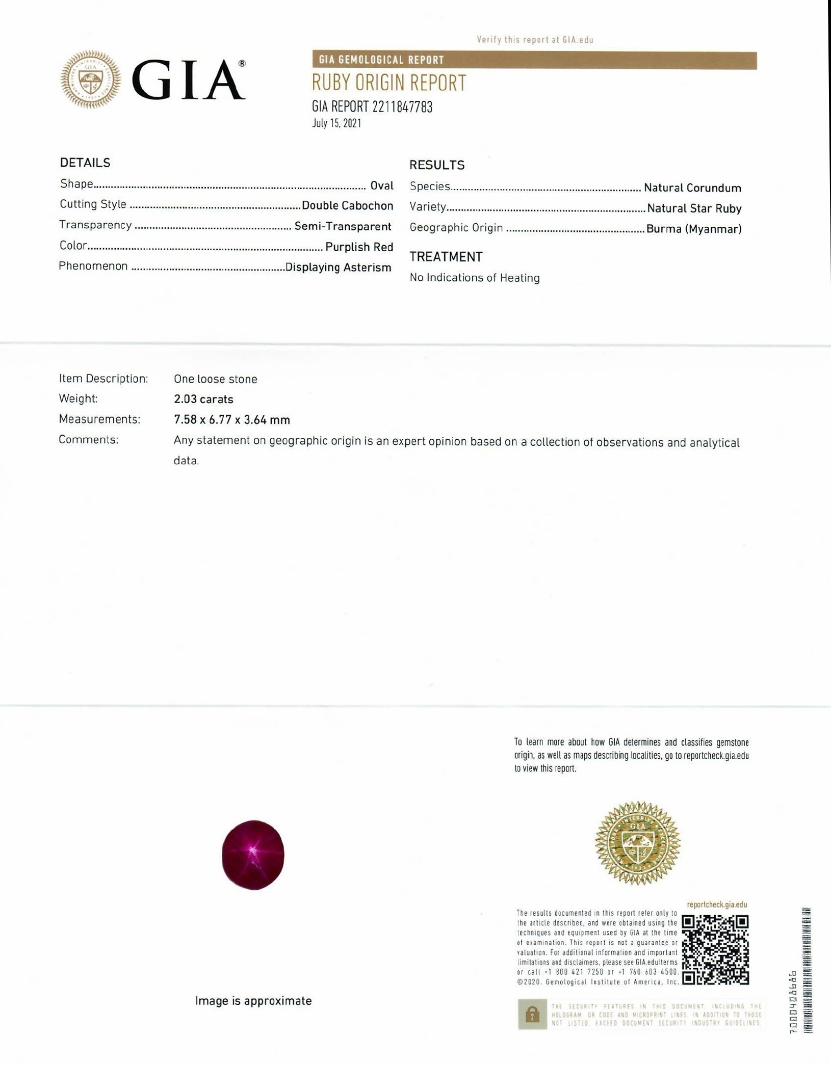 2.03 Ct. Star Ruby from Burma (Myanmar)