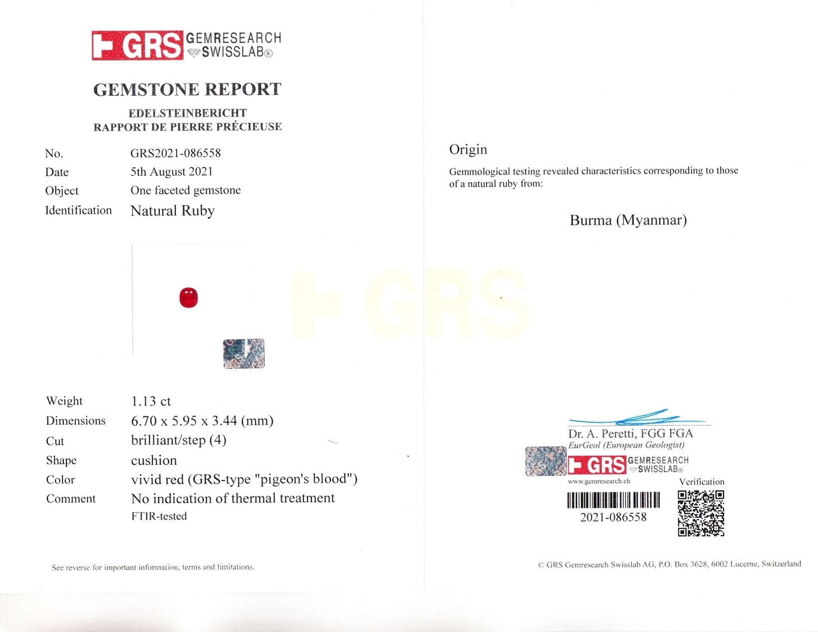 1.13 Ct. Ruby from Burma (Myanmar)