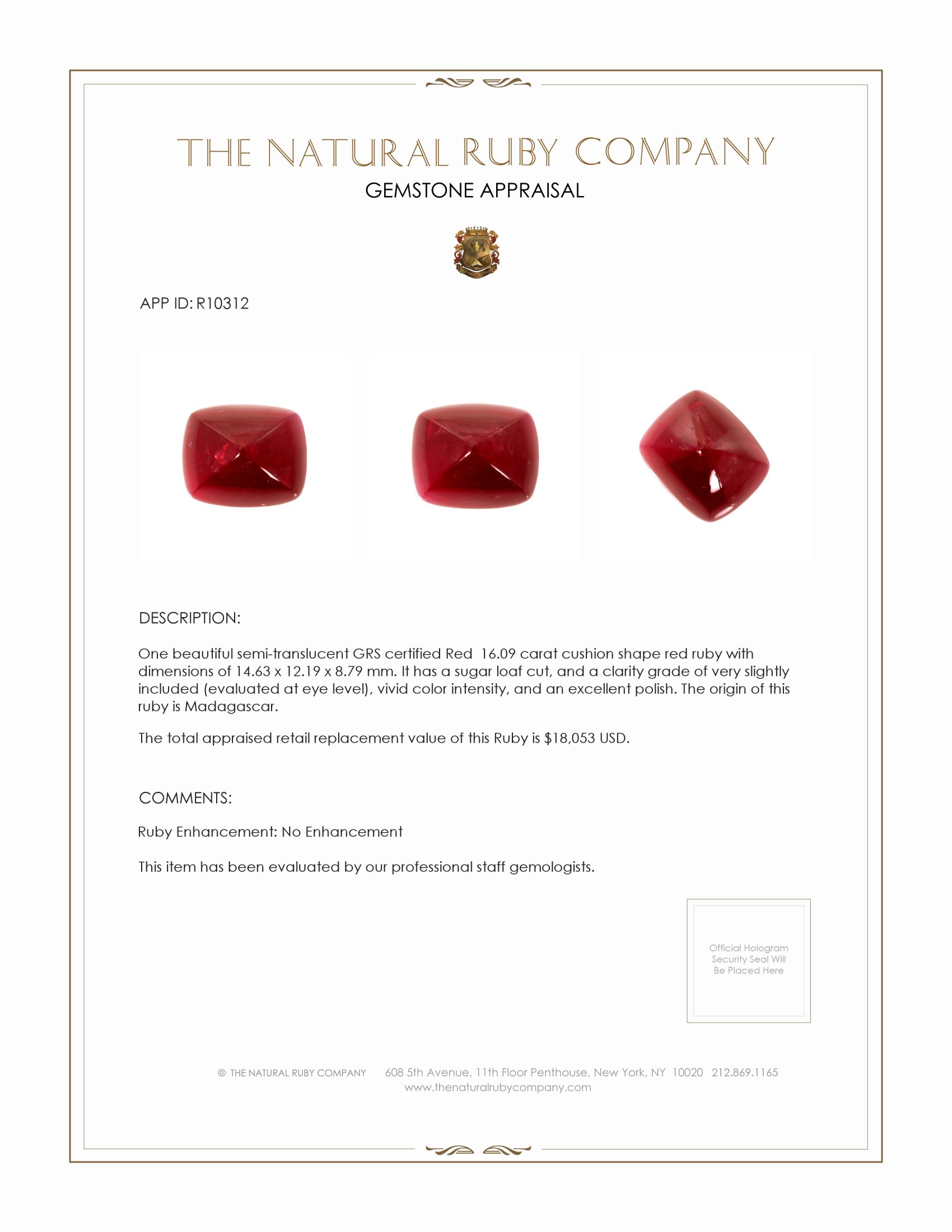 16.09 Ct. Cabochon Ruby from Madagascar