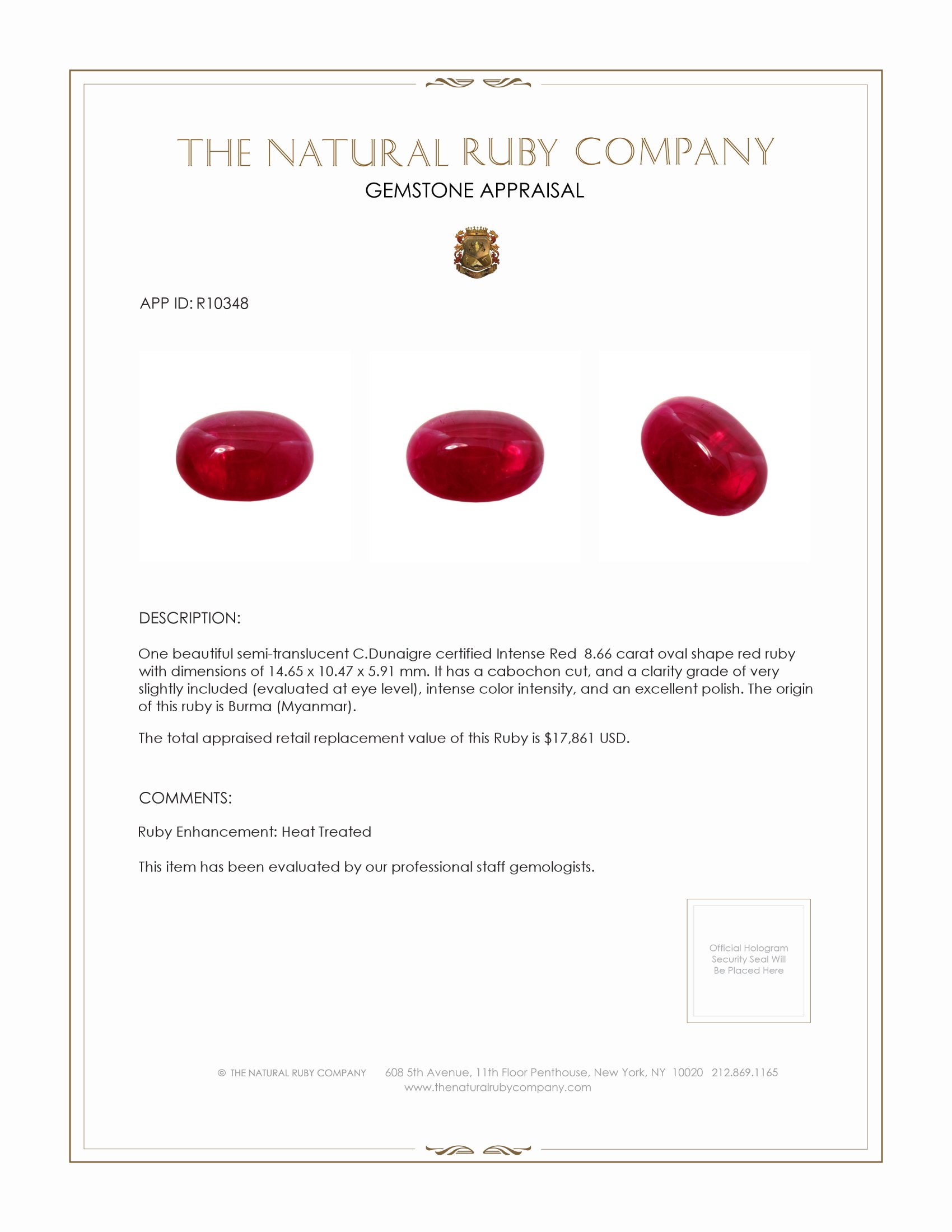 8.66 Ct. Cabochon Ruby from Burma (Myanmar)