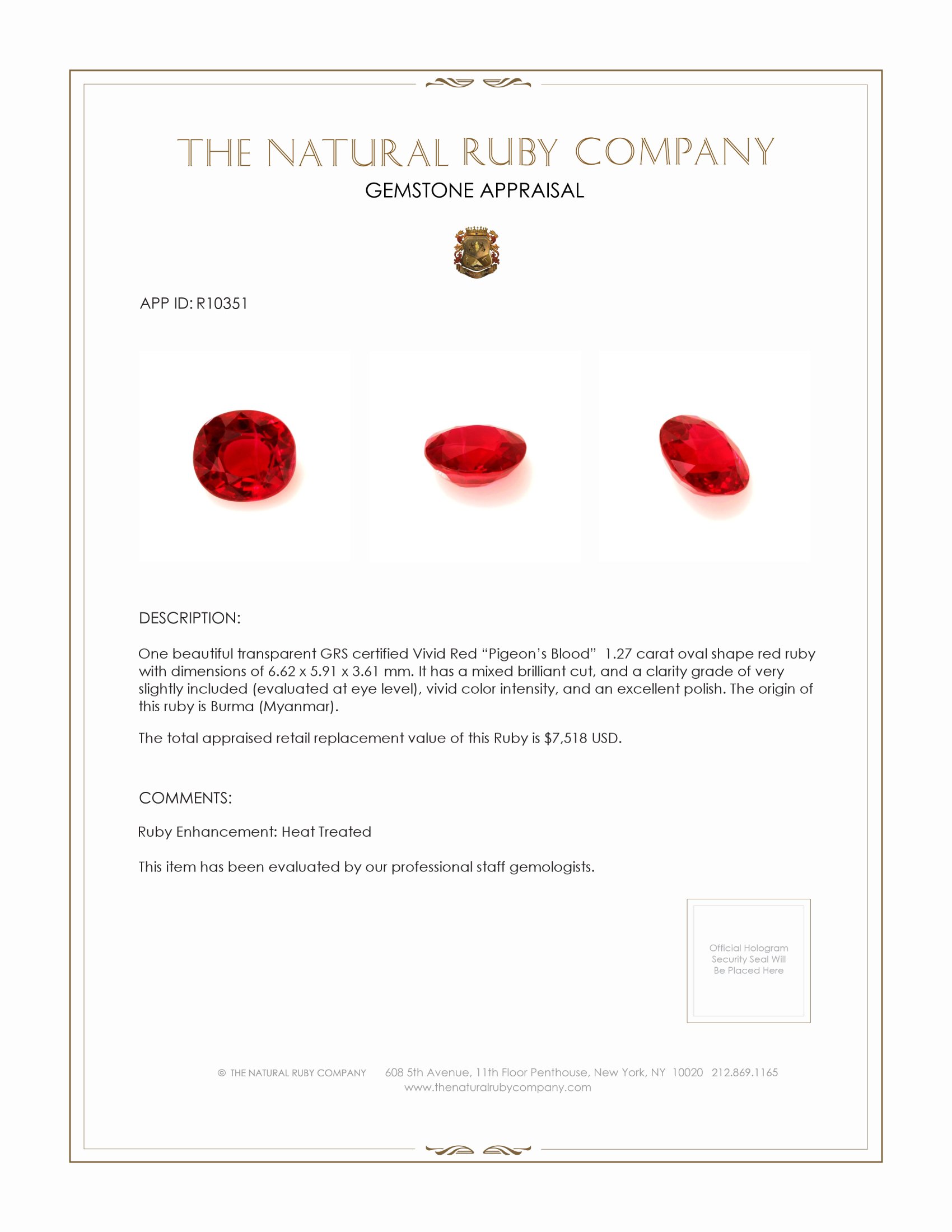 1.27 Ct. Ruby from Burma (Myanmar)