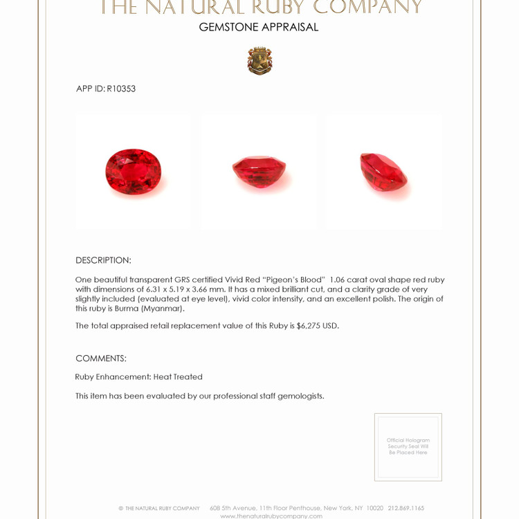 1.06 Ct. Ruby from Burma (Myanmar)