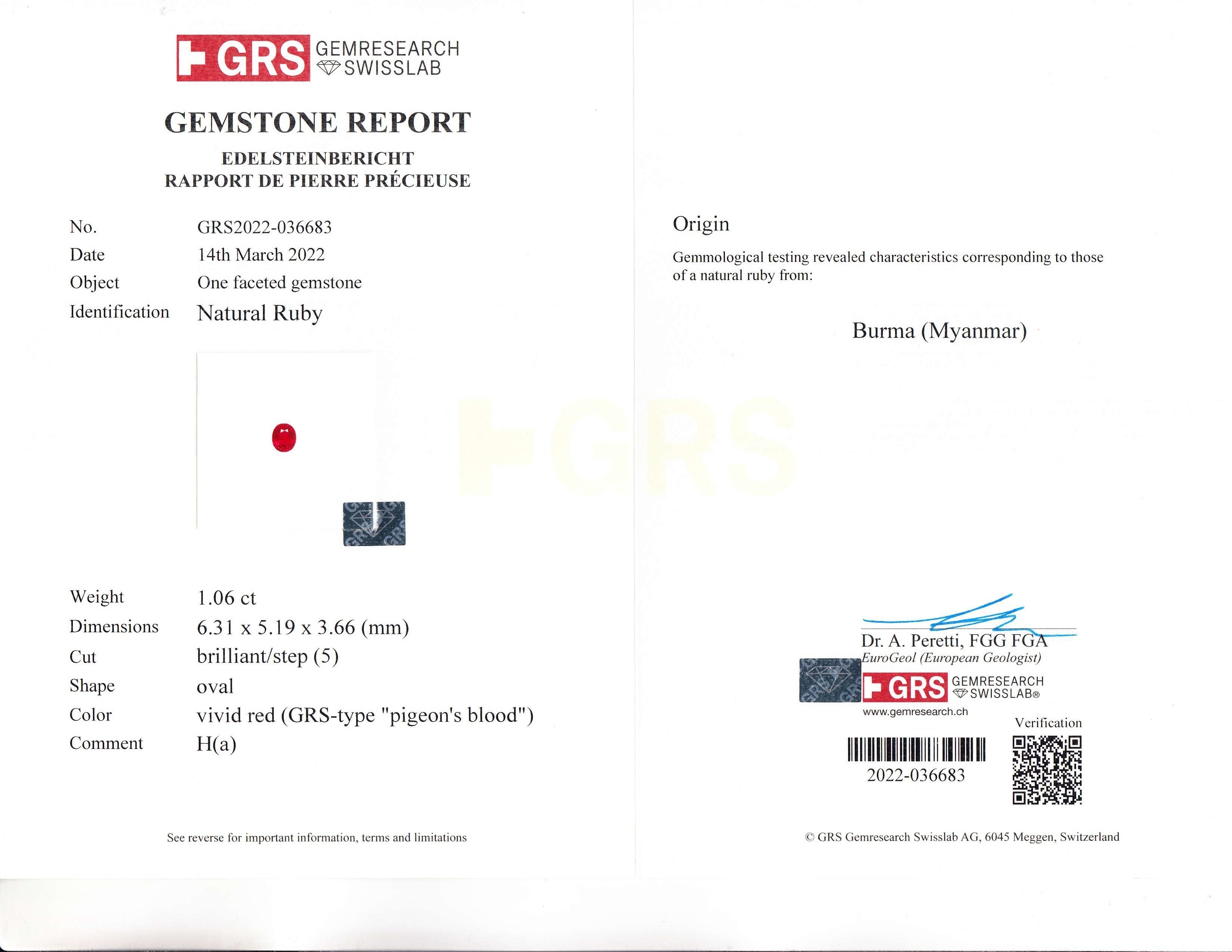 1.06 Ct. Ruby from Burma (Myanmar)