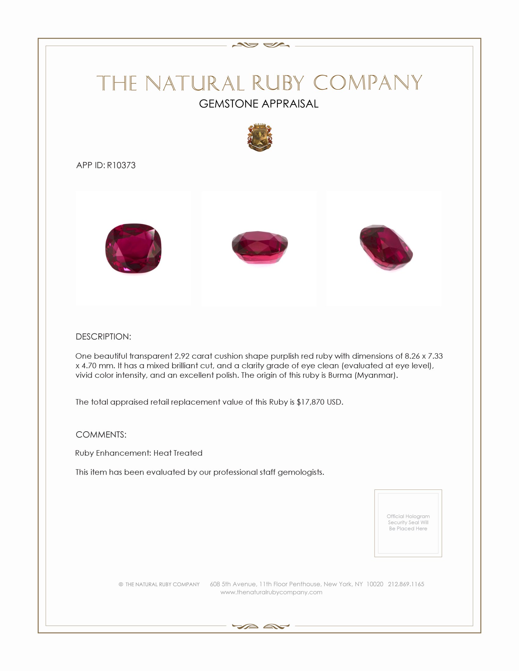 2.92 Ct. Ruby from Burma (Myanmar)