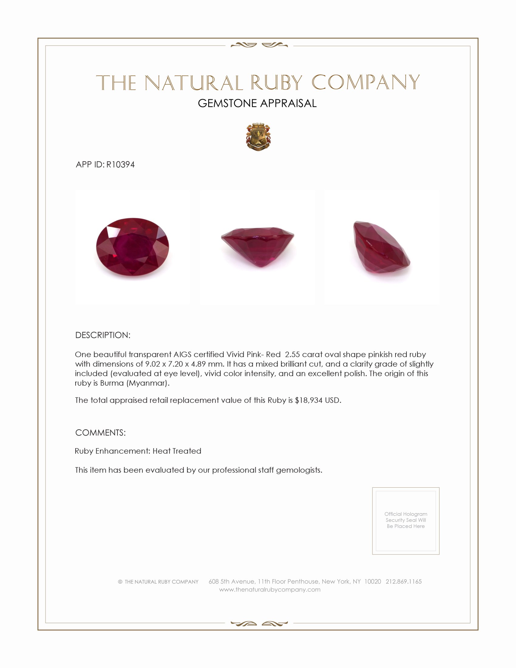2.55 Ct. Ruby from Burma (Myanmar)