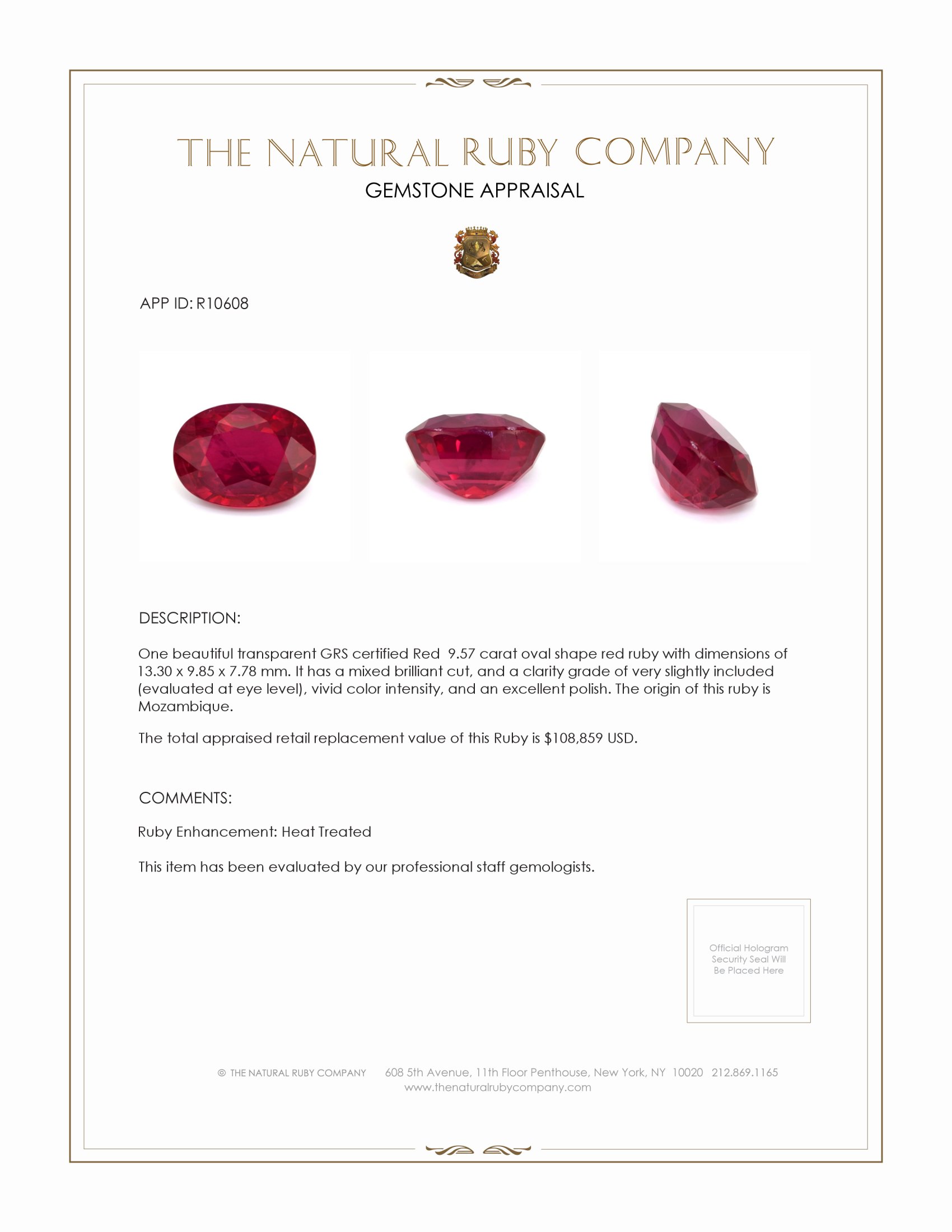 9.57 Ct. Ruby from Mozambique