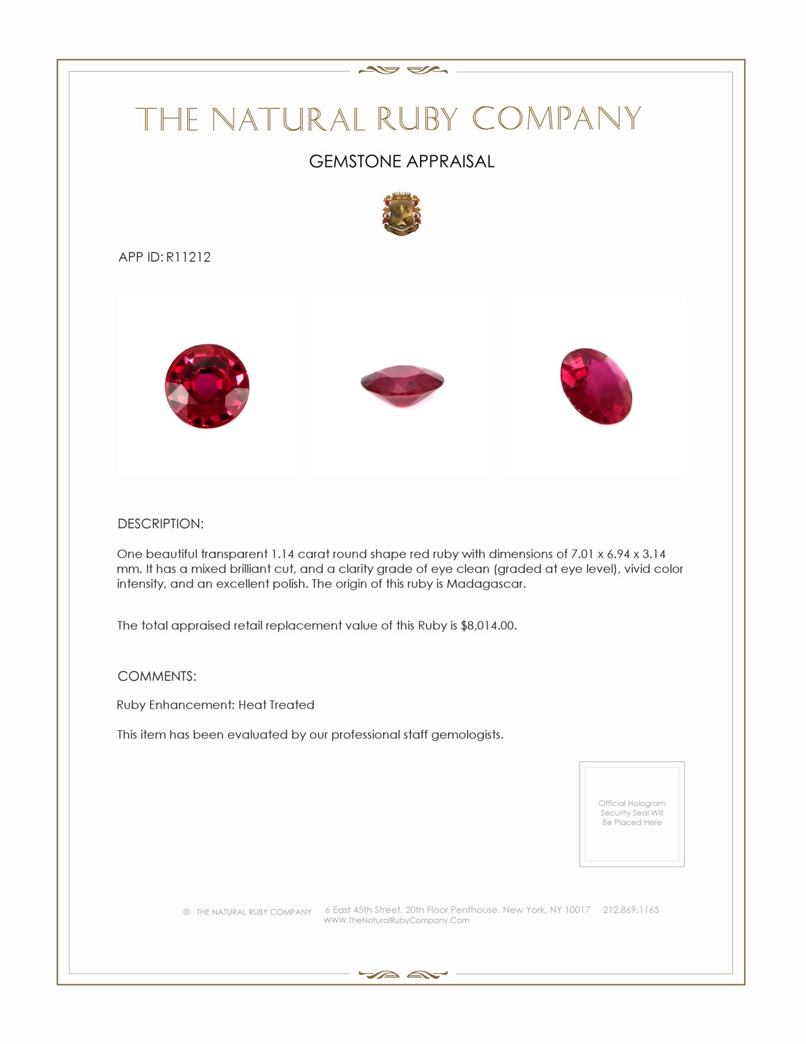 1.14 Ct. Ruby from Madagascar