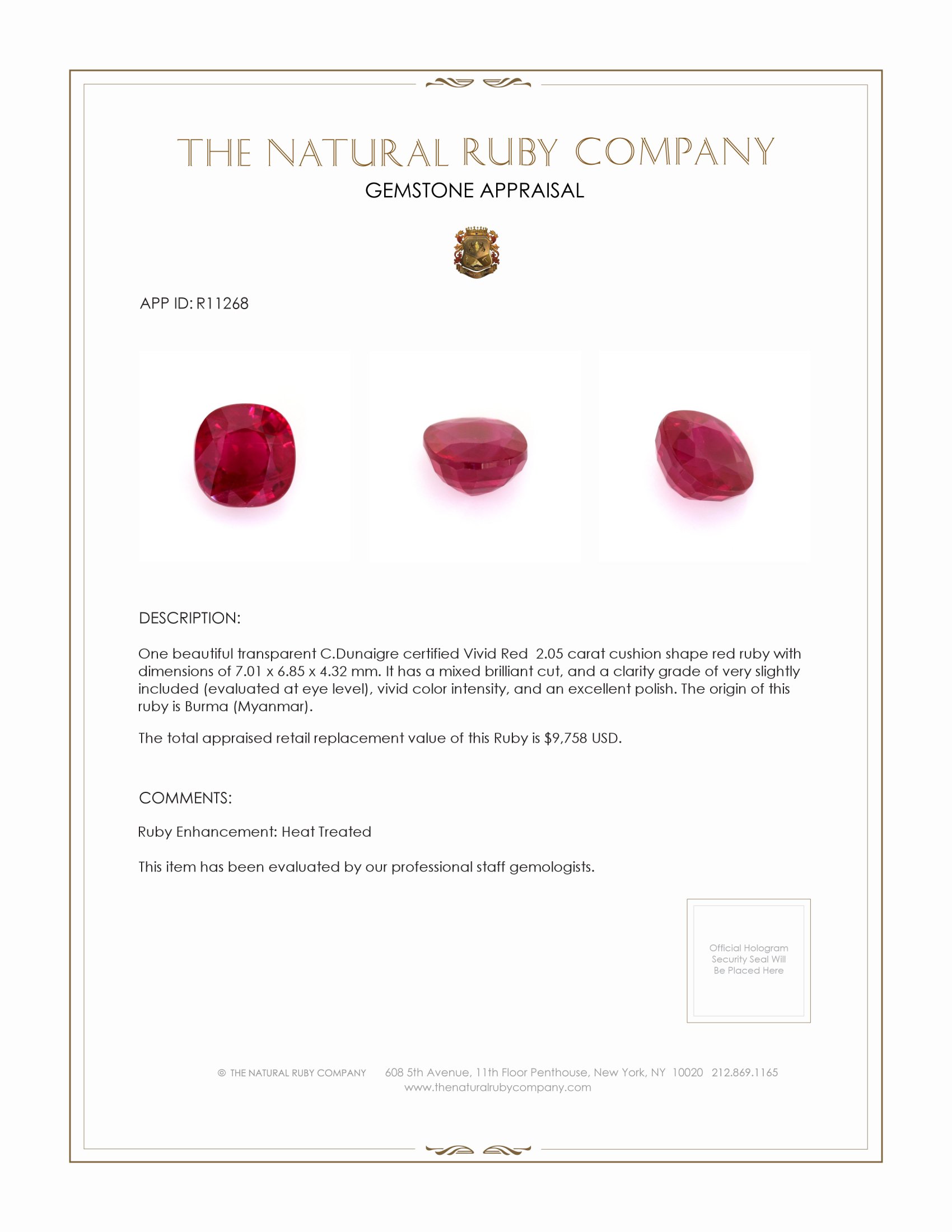 2.05 Ct. Ruby from Burma (Myanmar)