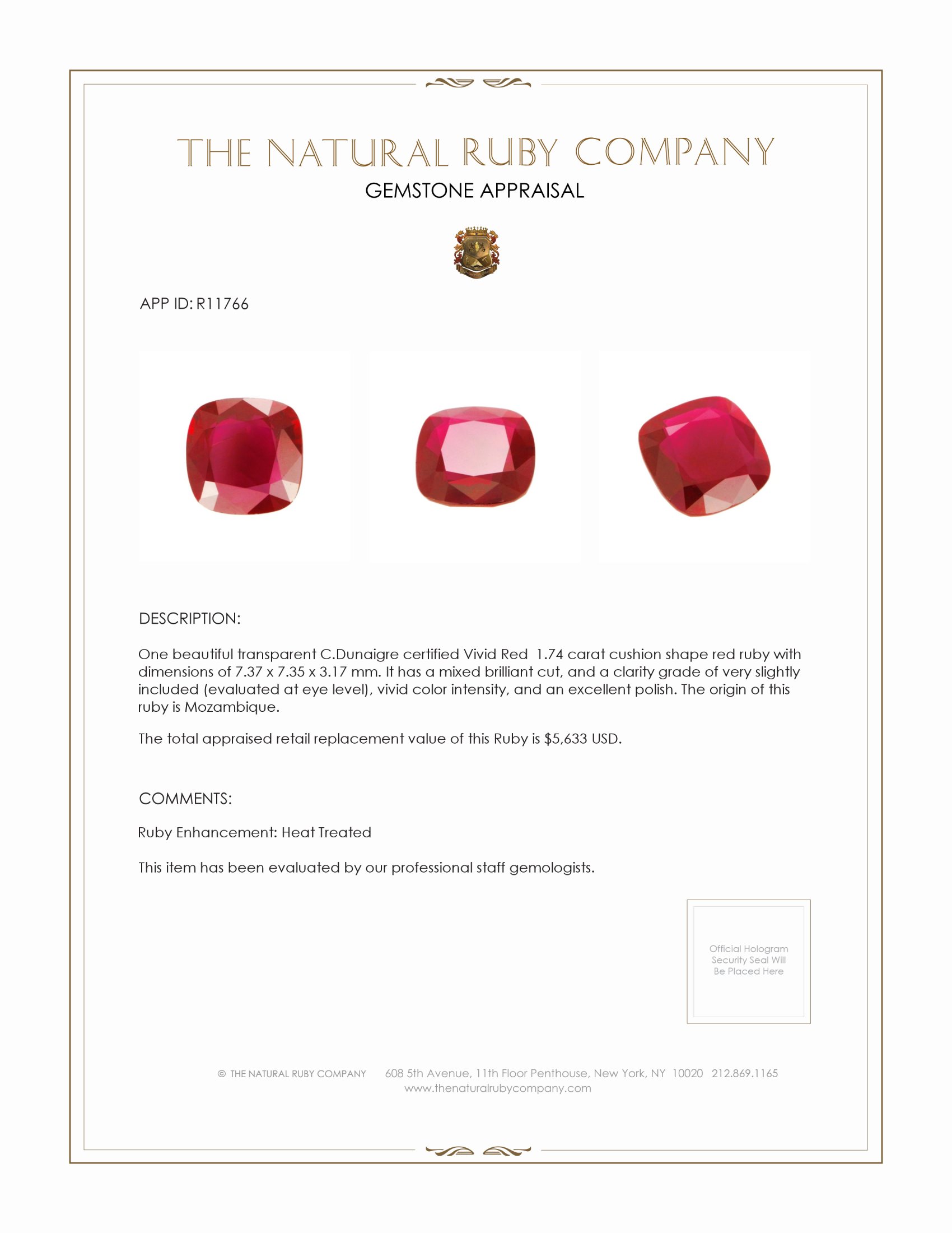 1.74 Ct. Ruby from Mozambique