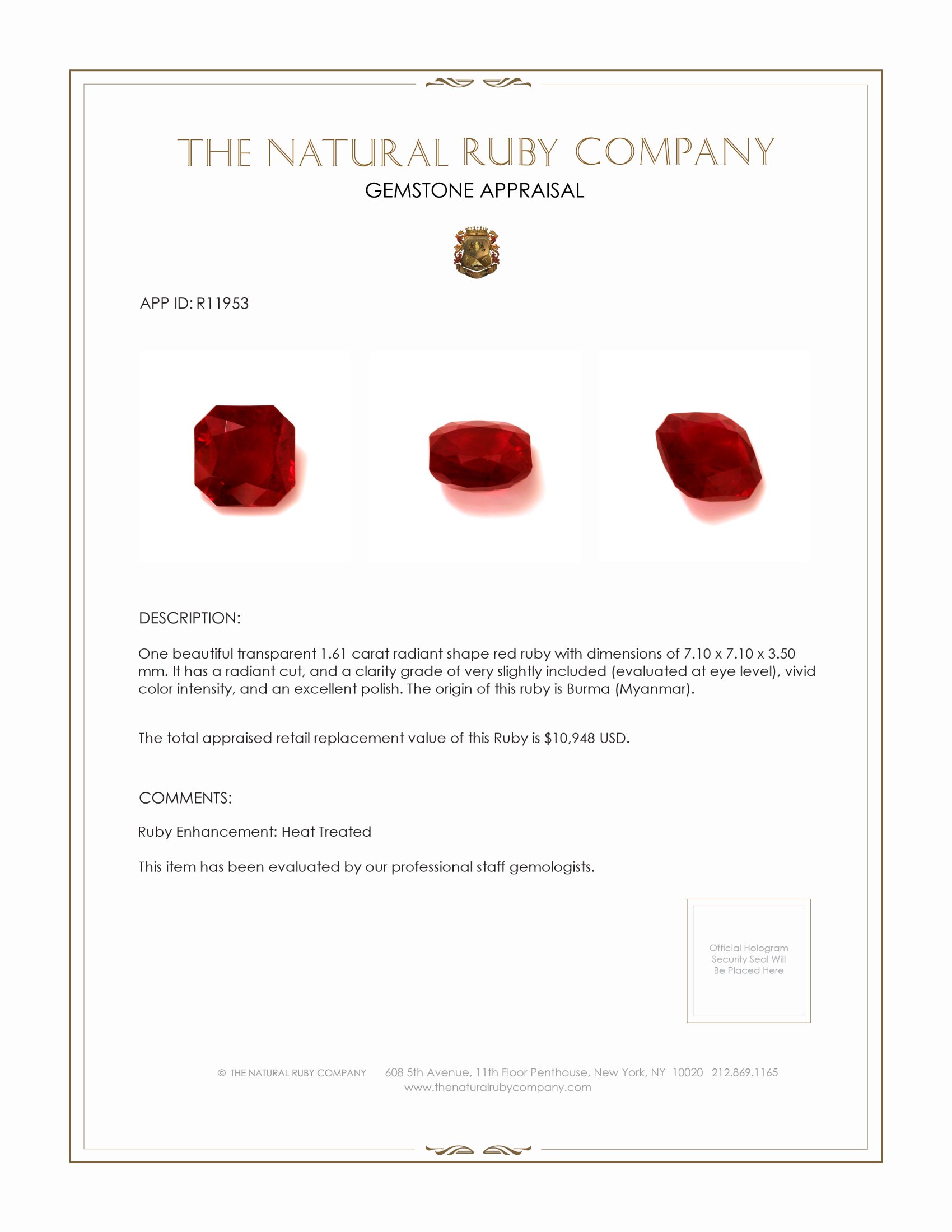 1.61 Ct. Ruby from Burma (Myanmar)