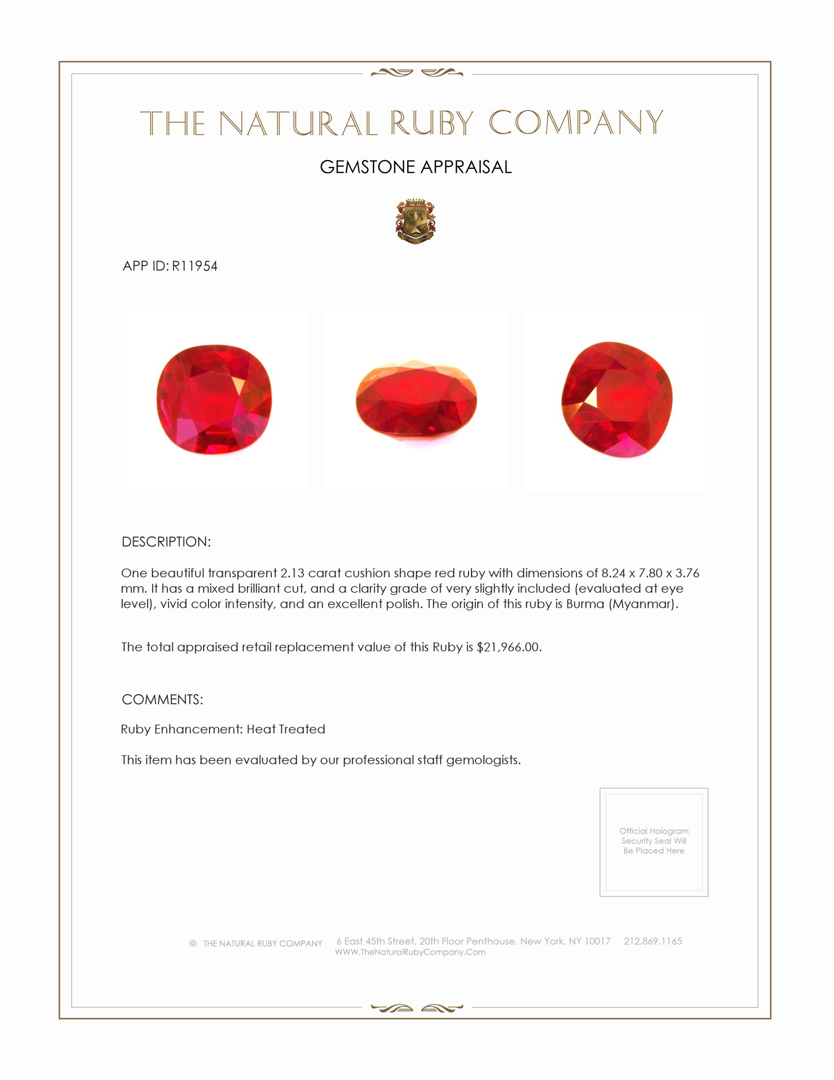 2.13 Ct. Ruby from Burma (Myanmar)