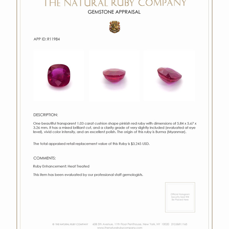 1.03 Ct. Ruby from Burma (Myanmar)