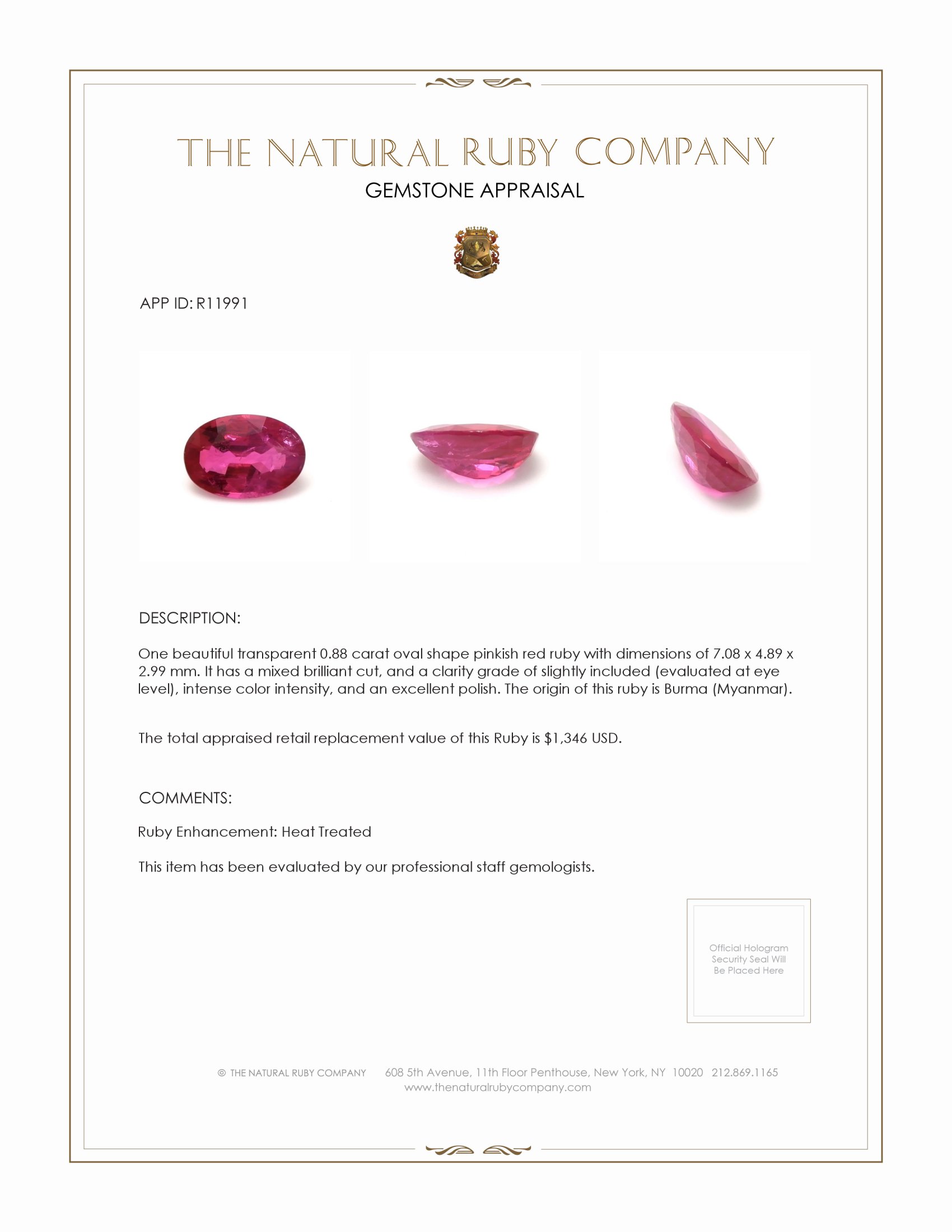 0.88 Ct. Ruby from Burma (Myanmar)