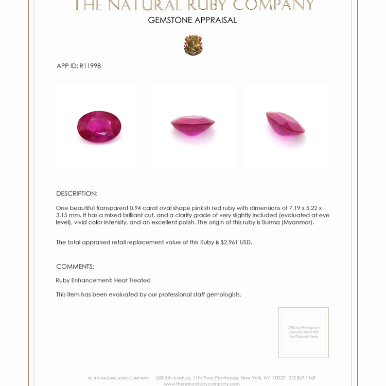 0.94 Ct. Ruby from Burma (Myanmar)