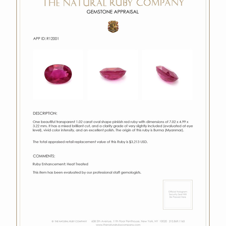 1.02 Ct. Ruby from Burma (Myanmar)