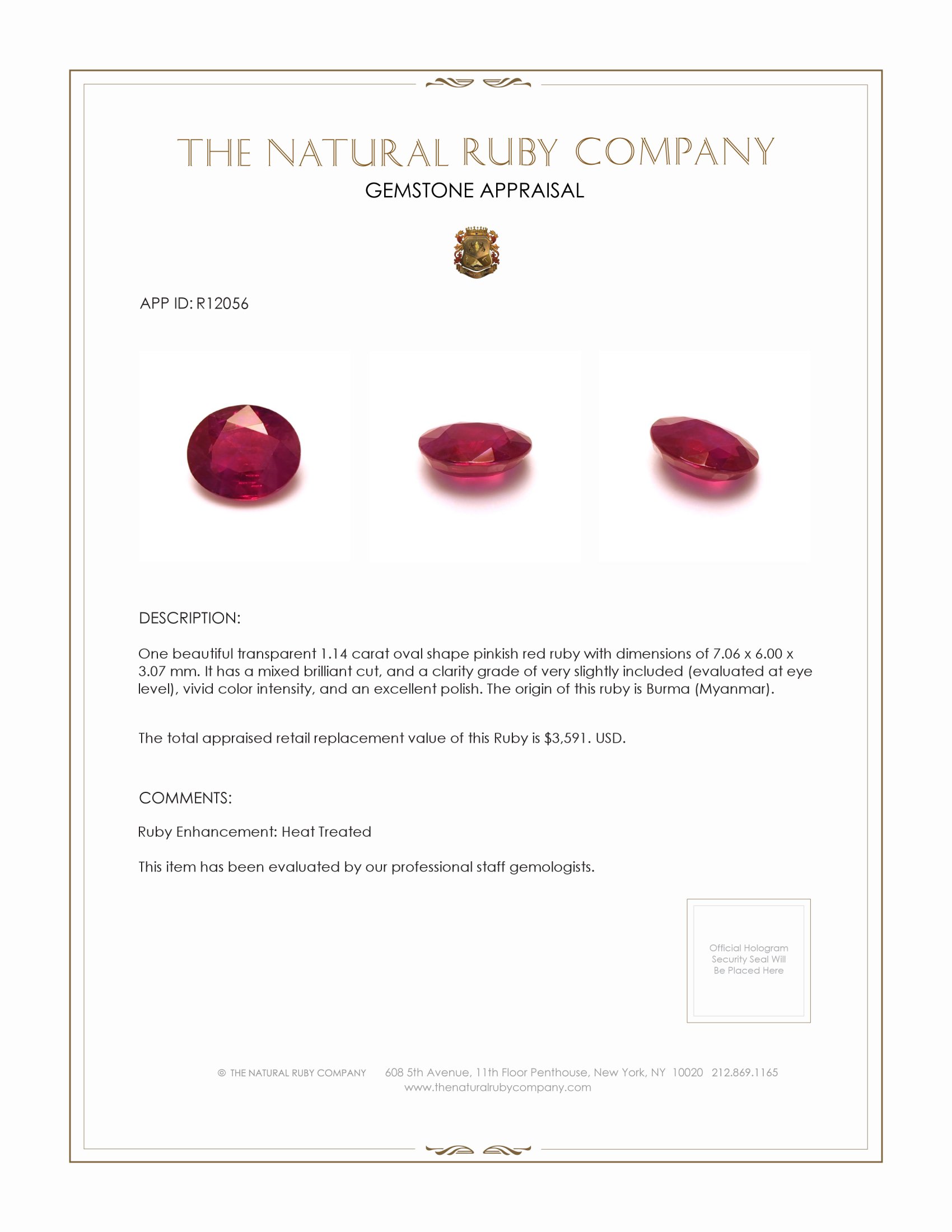 1.14 Ct. Ruby from Burma (Myanmar)