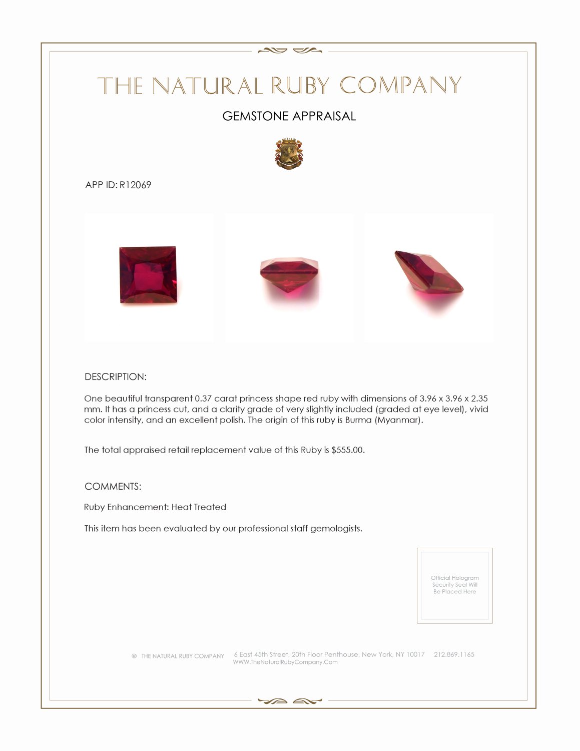 0.37 Ct. Ruby from Burma (Myanmar)