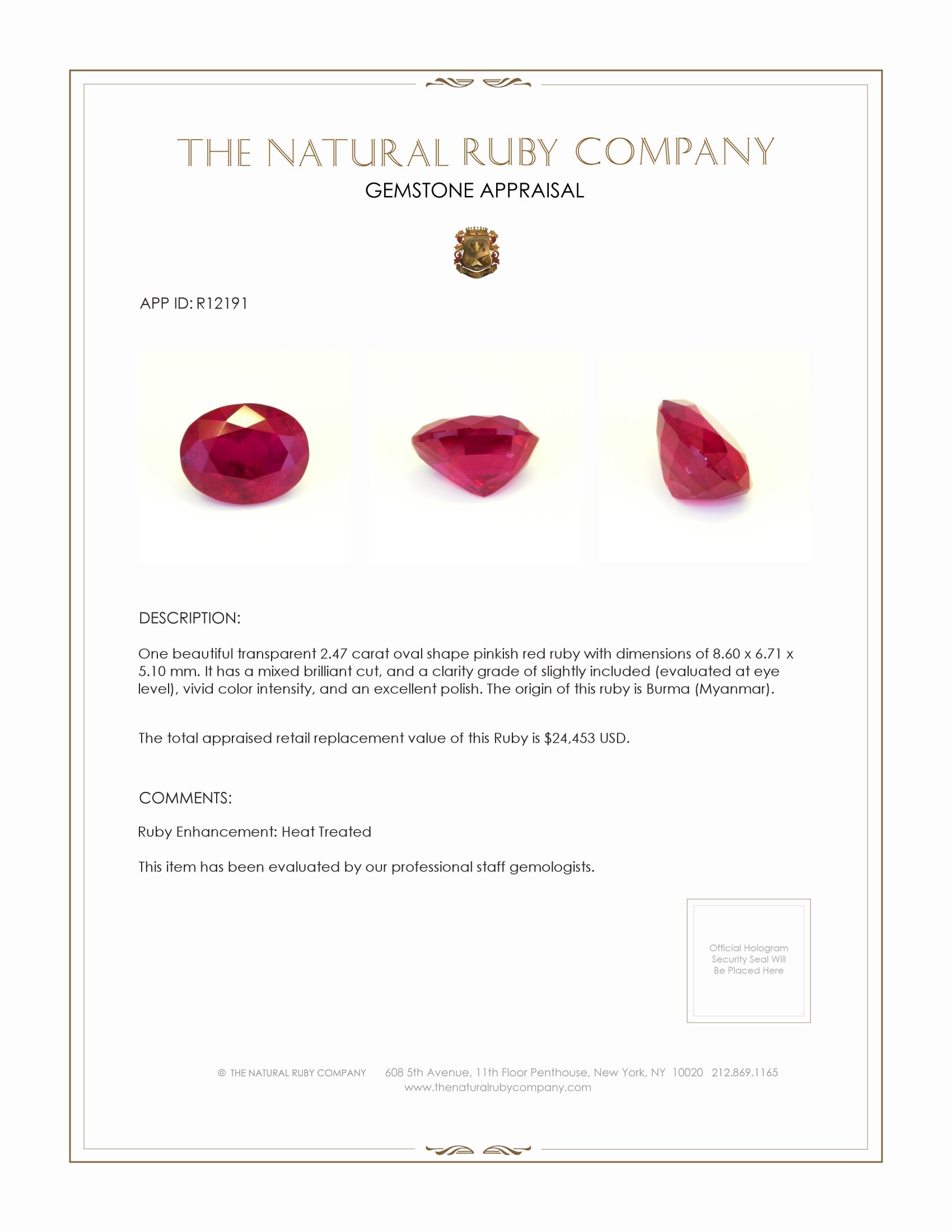 2.47 Ct. Pinkish Red Ruby from Burma (Myanmar)