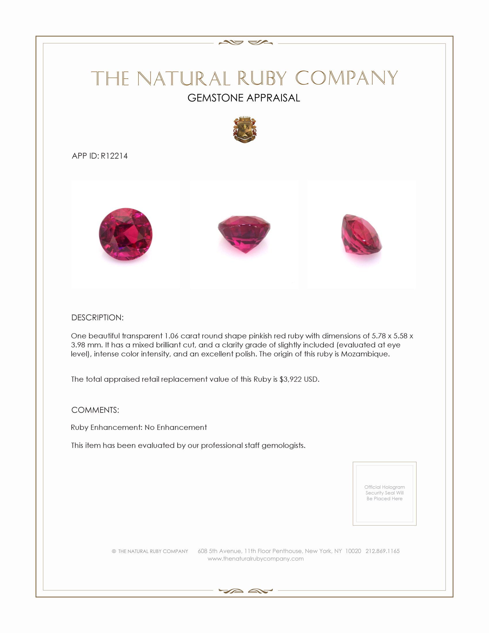 1.06 Ct. Ruby from Mozambique