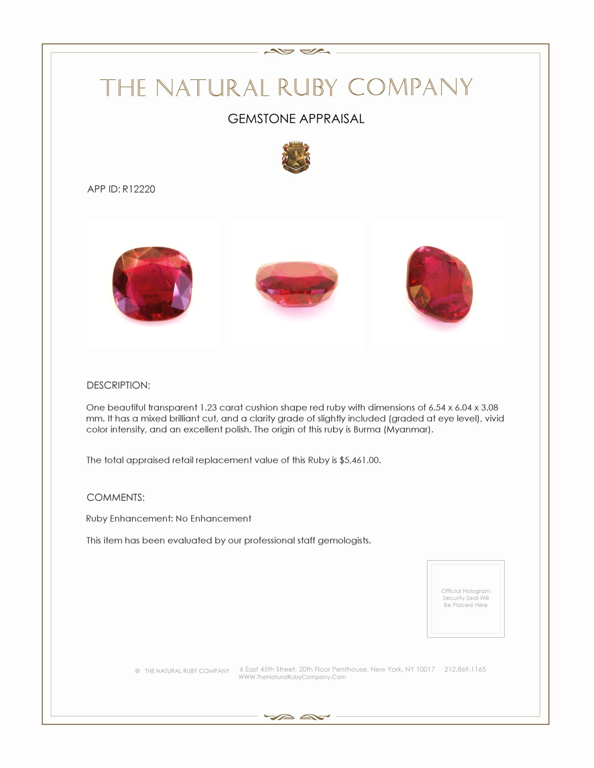 1.23 Ct. Ruby from Burma (Myanmar)