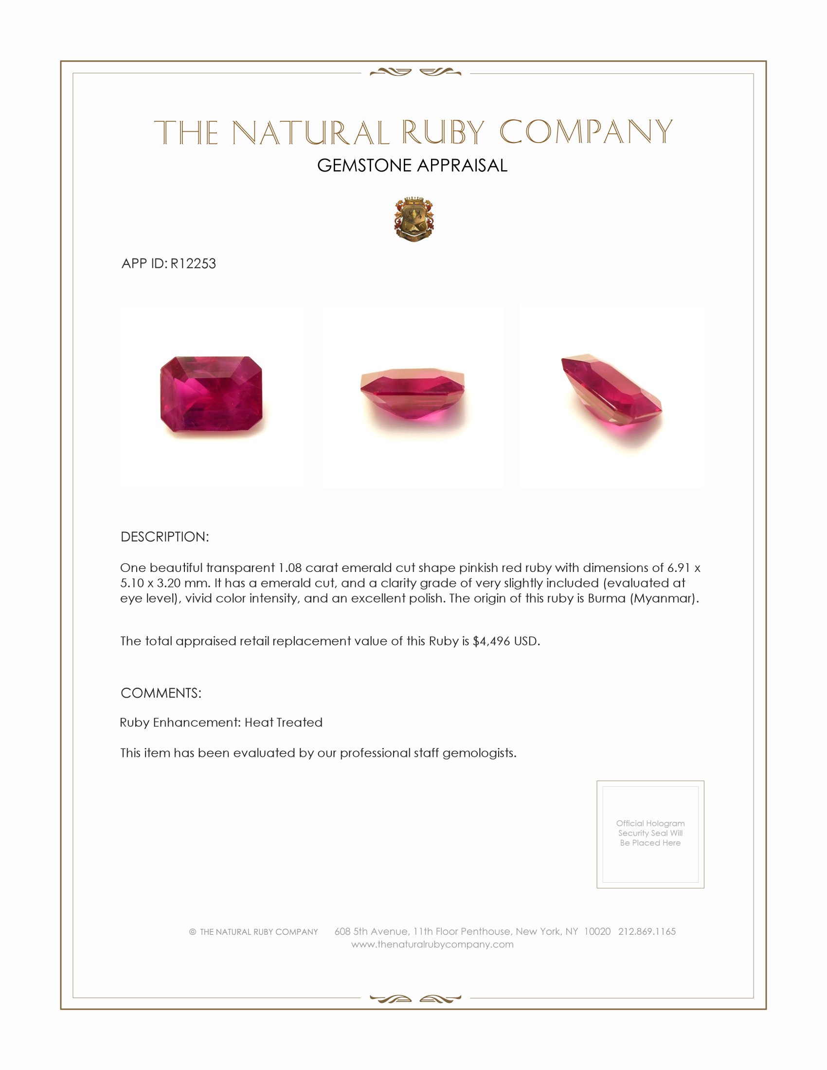 1.08 Ct. Ruby from Burma (Myanmar)