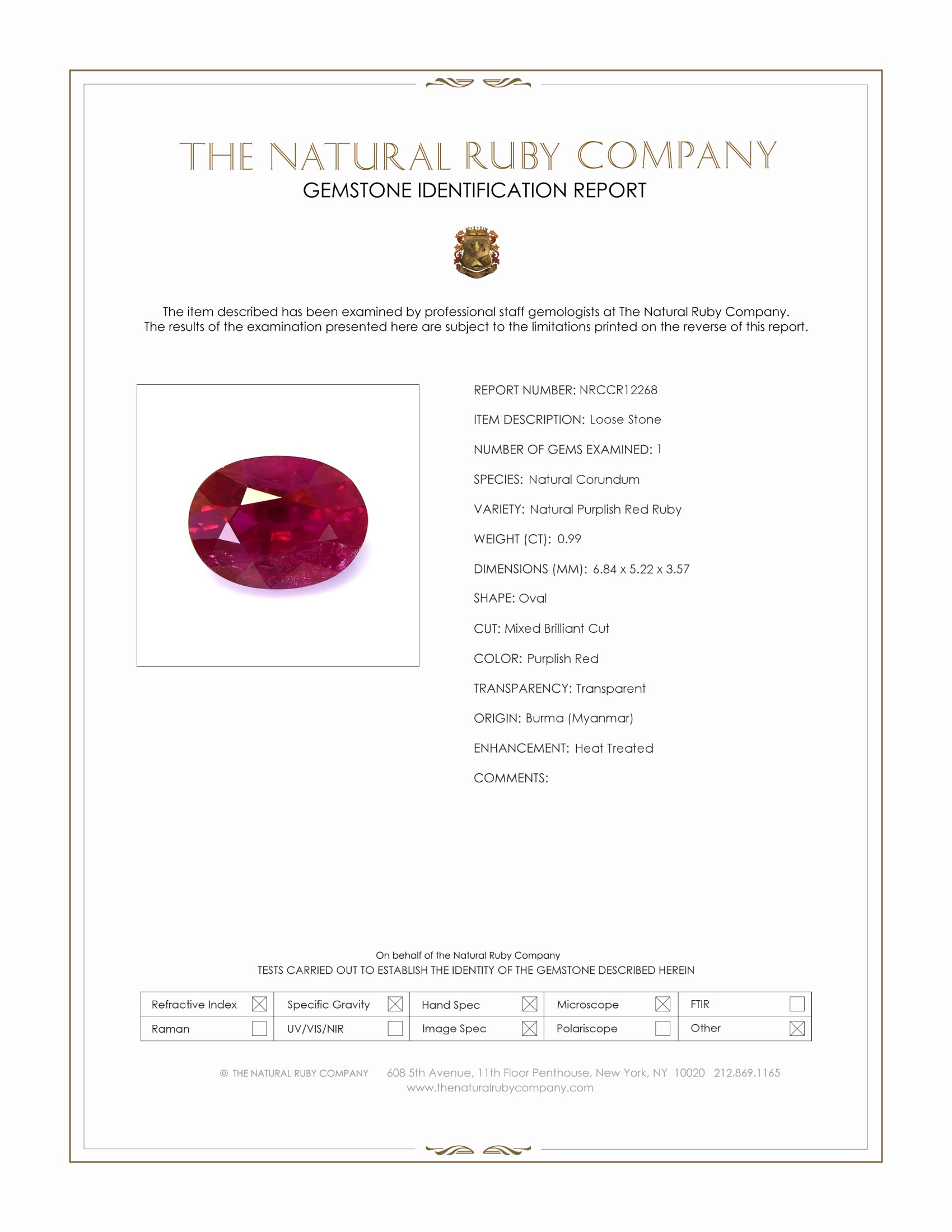 0.99 Ct. Purplish Red Ruby from Burma (Myanmar)