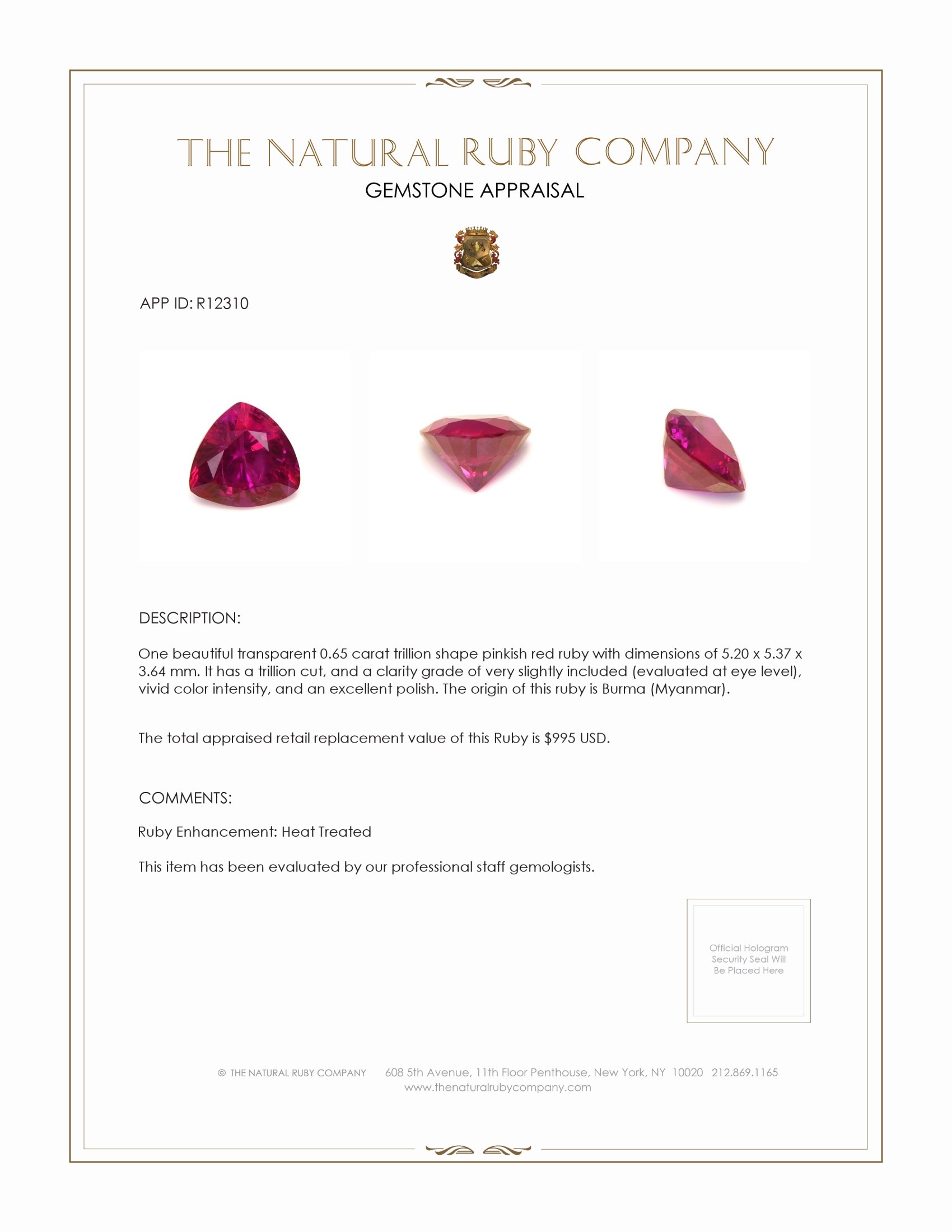 0.65 Ct. Ruby from Burma (Myanmar)