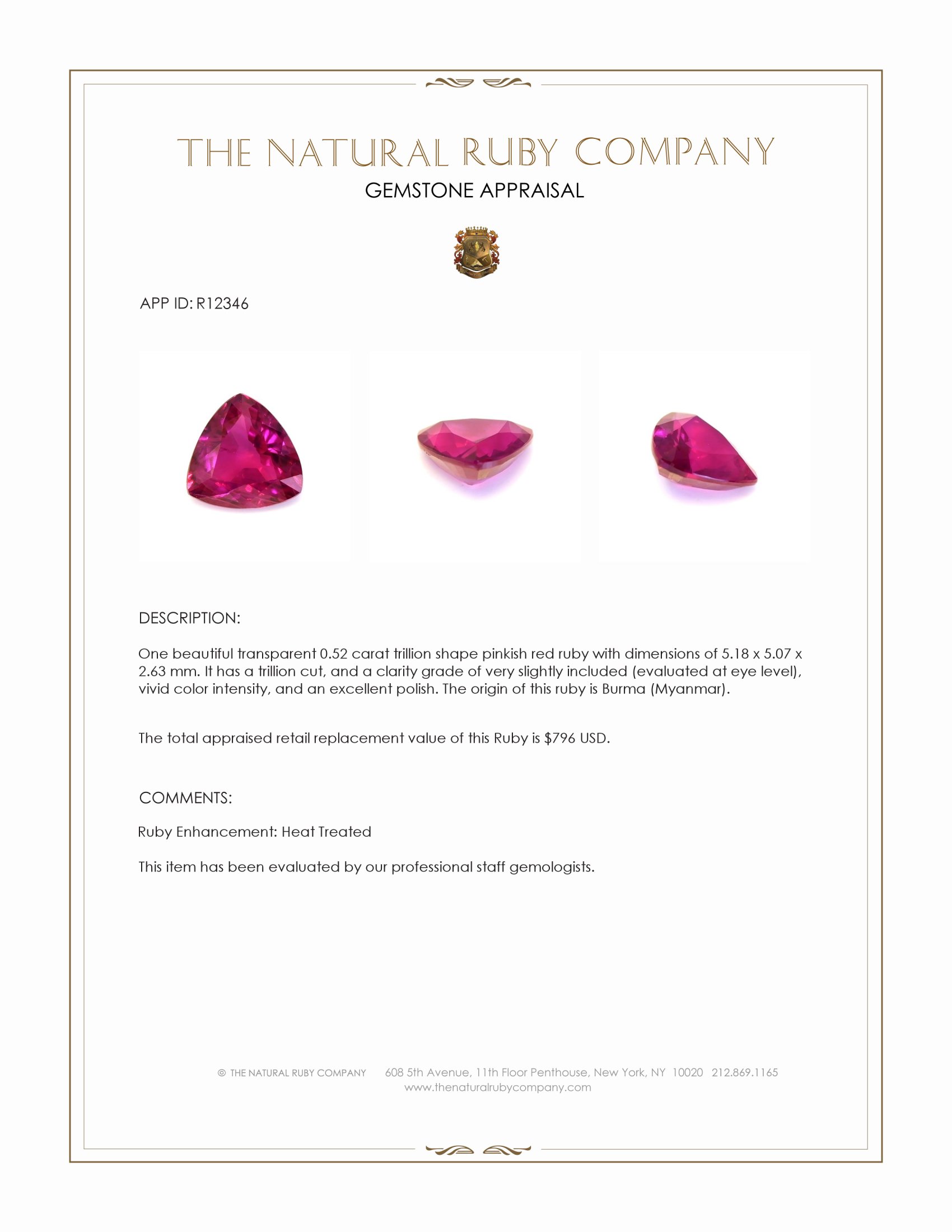 0.52 Ct. Pinkish Red Ruby from Burma (Myanmar)