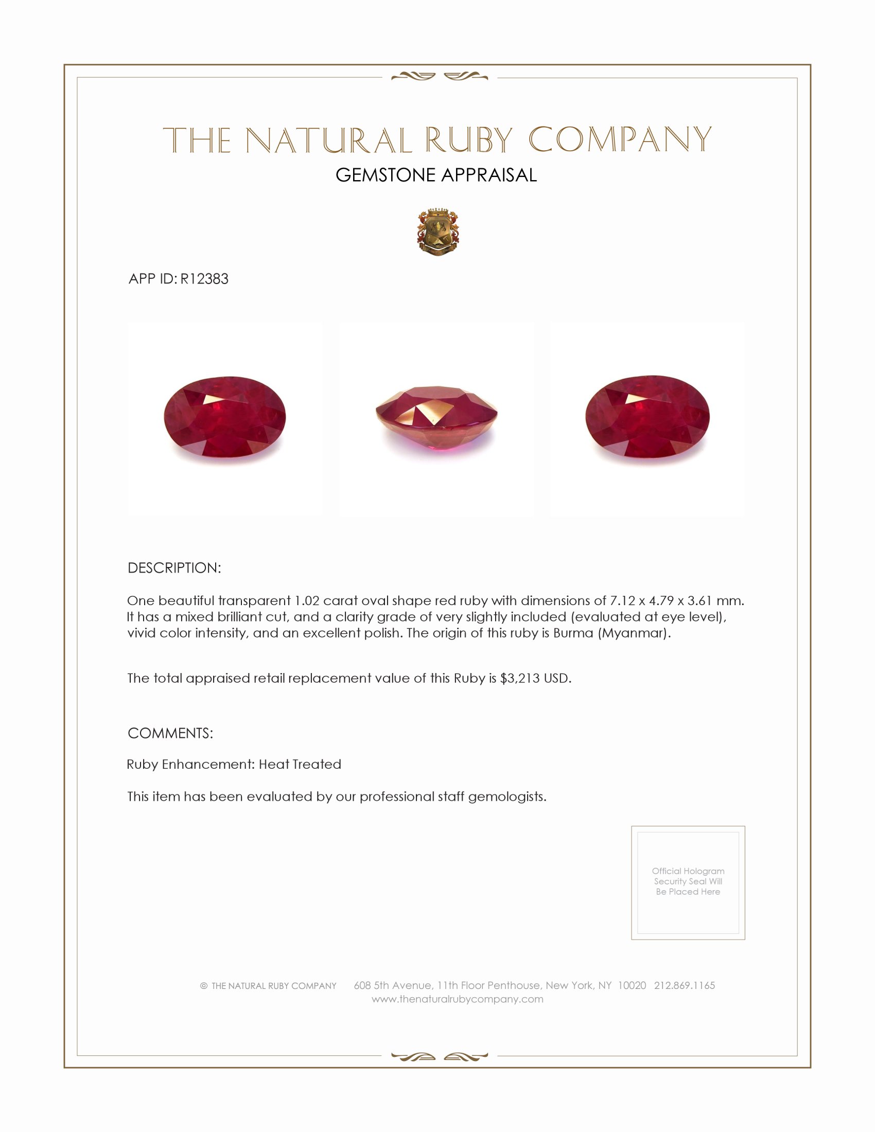 1.02 Ct. Ruby from Burma (Myanmar)