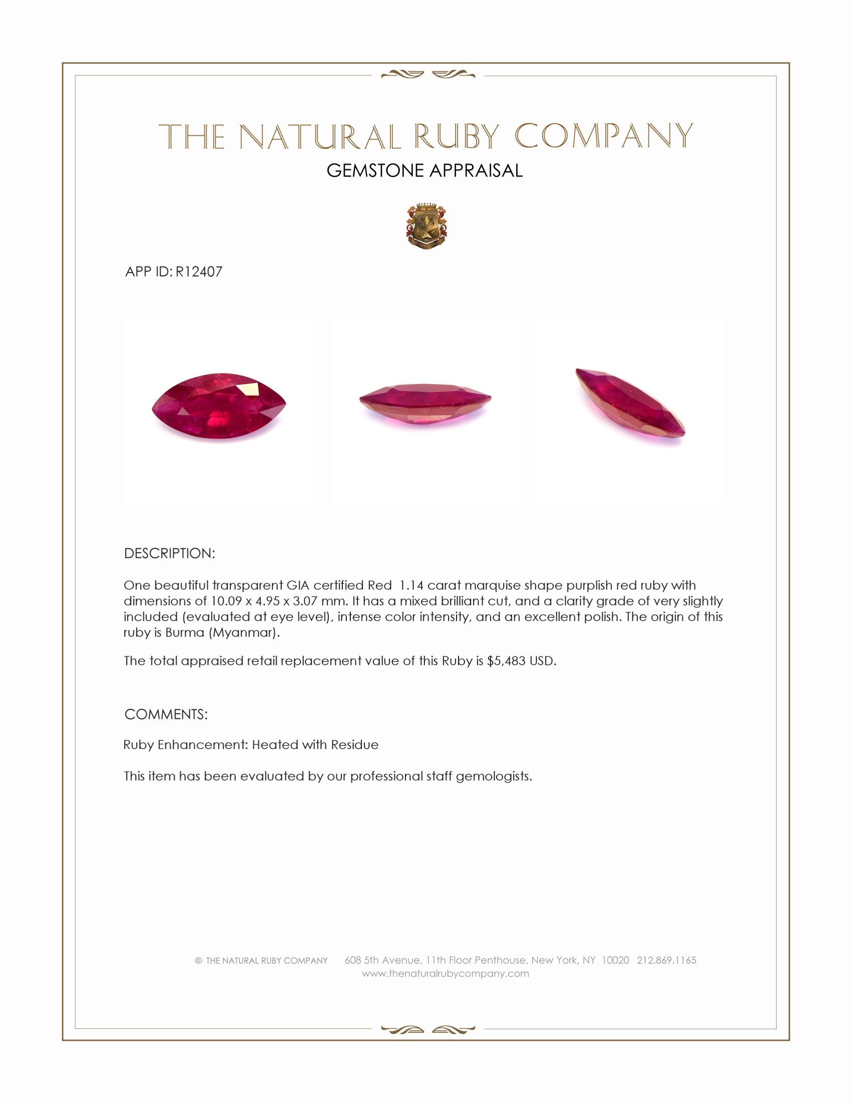 1.14 Ct. Purplish Red Ruby from Burma (Myanmar)