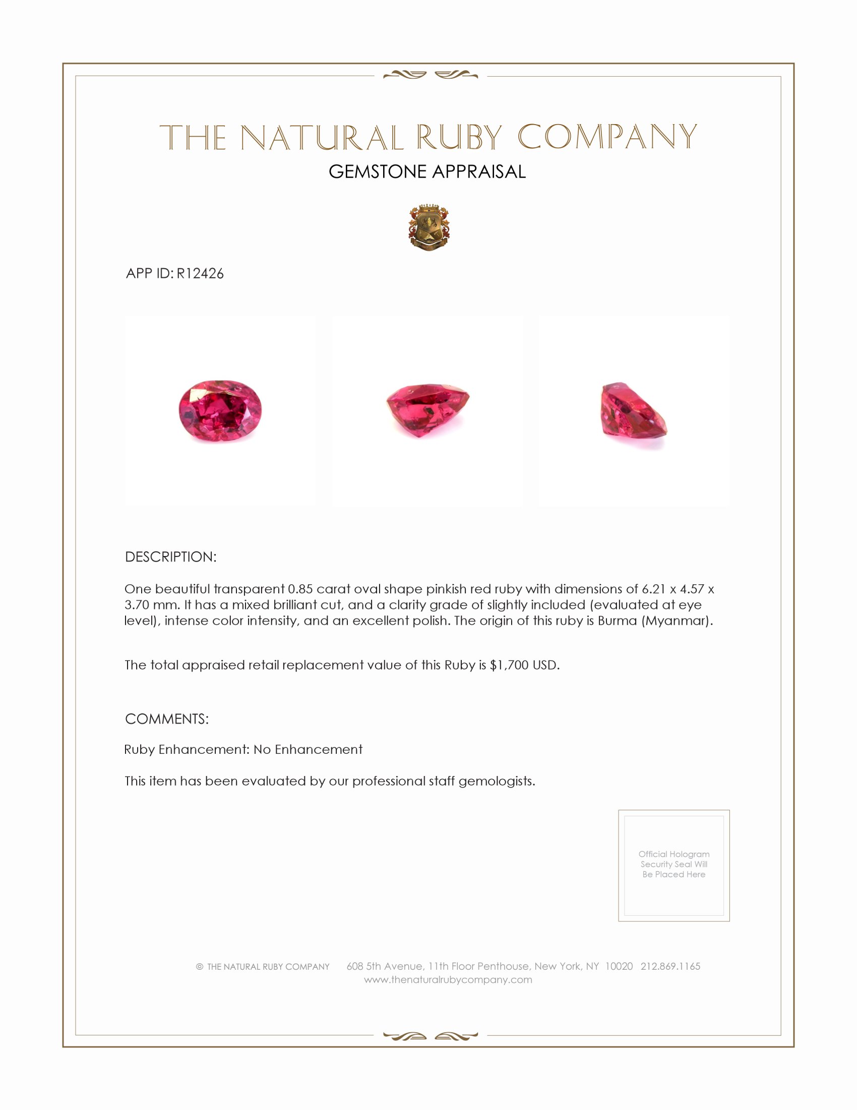 0.85 Ct. Ruby from Burma (Myanmar)
