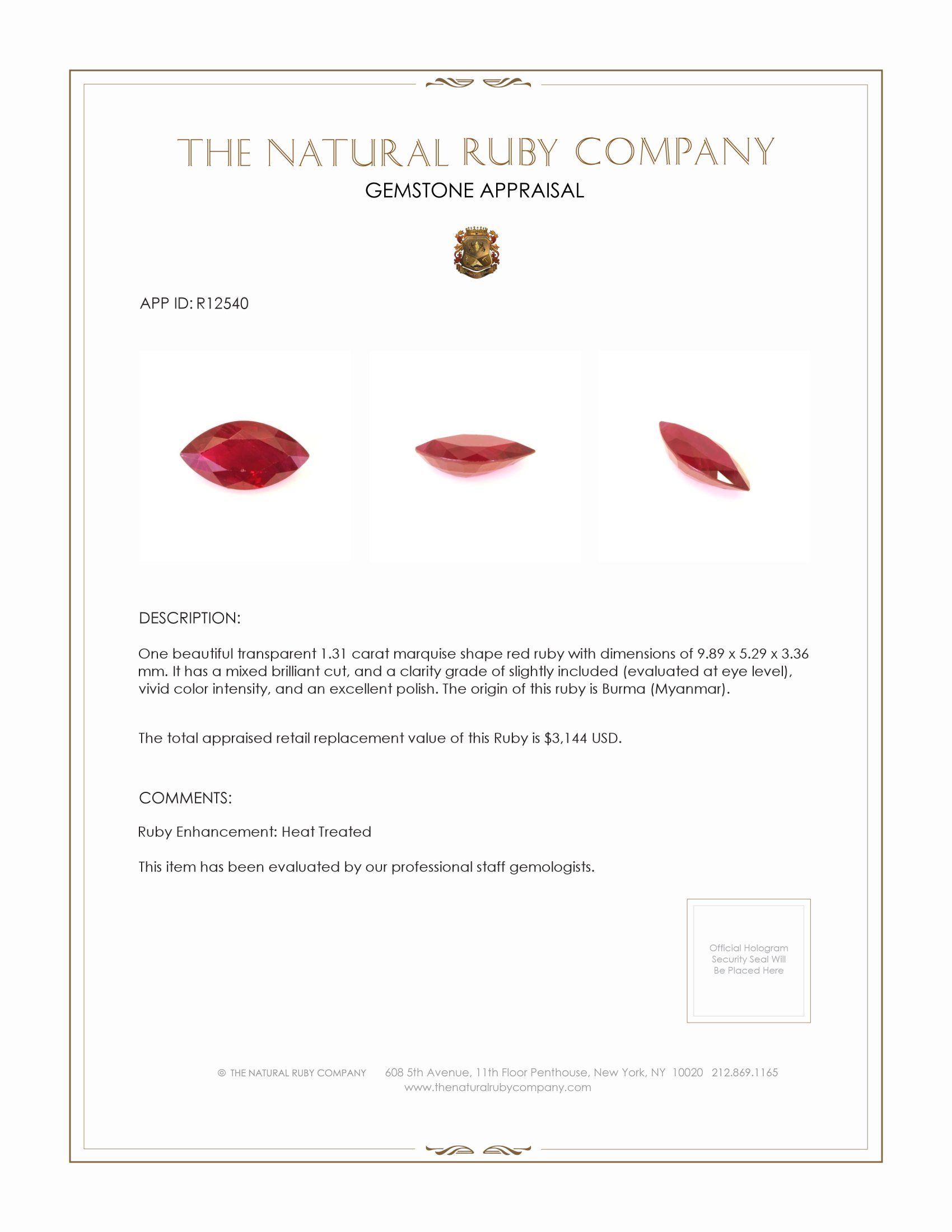 1.31 Ct. Ruby from Burma (Myanmar)