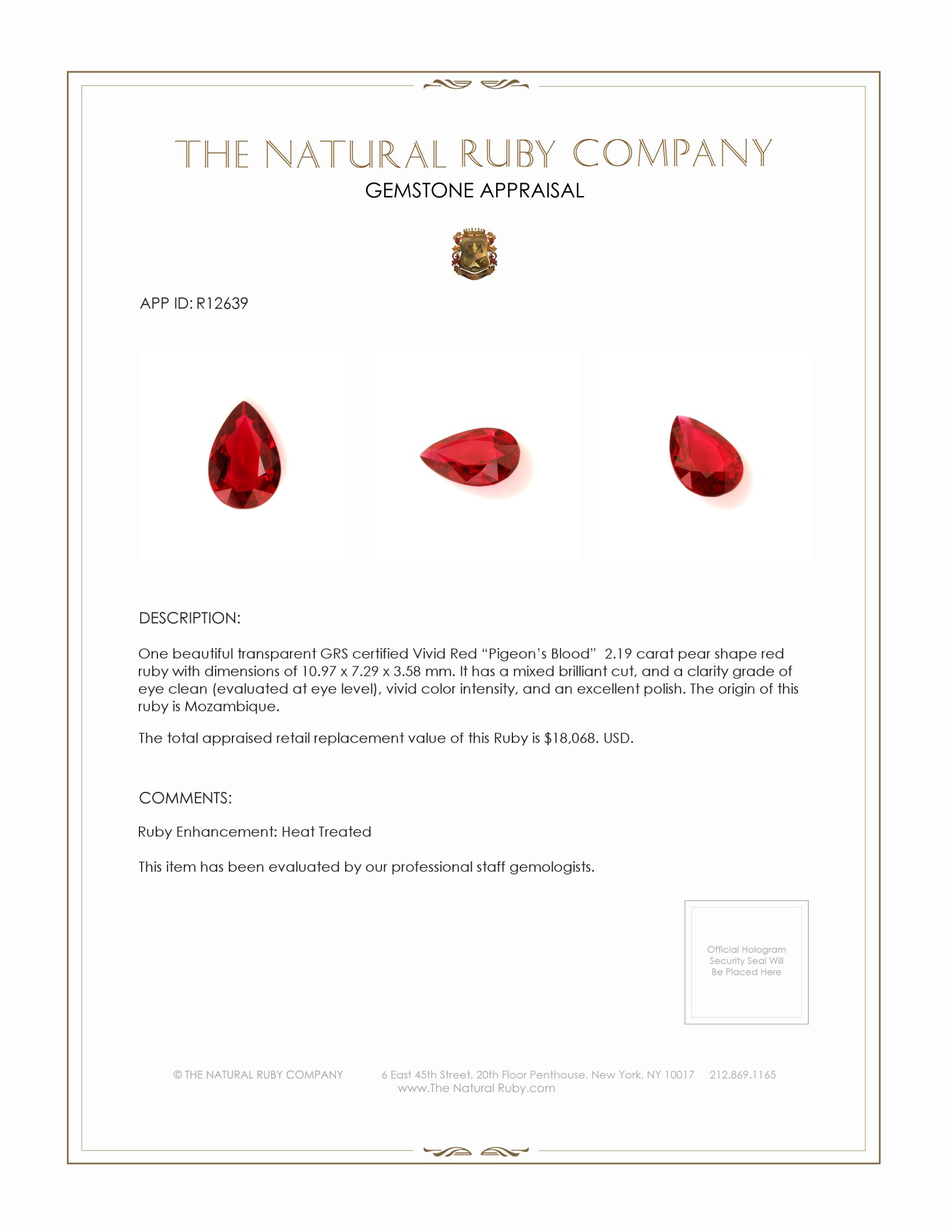 Ruby 戒指2.19 Ct. 18K 黄金| The Natural Ruby Company