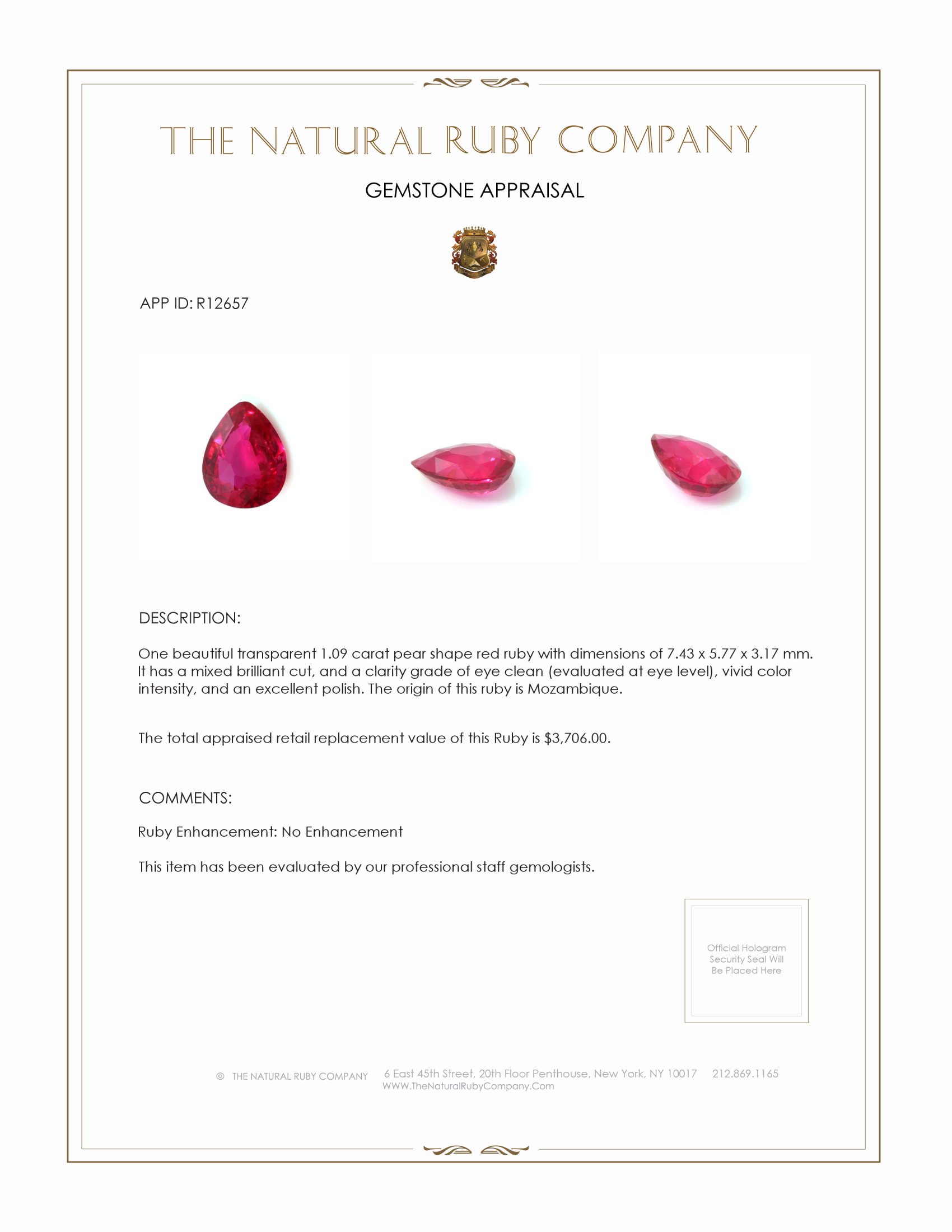 1.09 Ct. Ruby from Mozambique