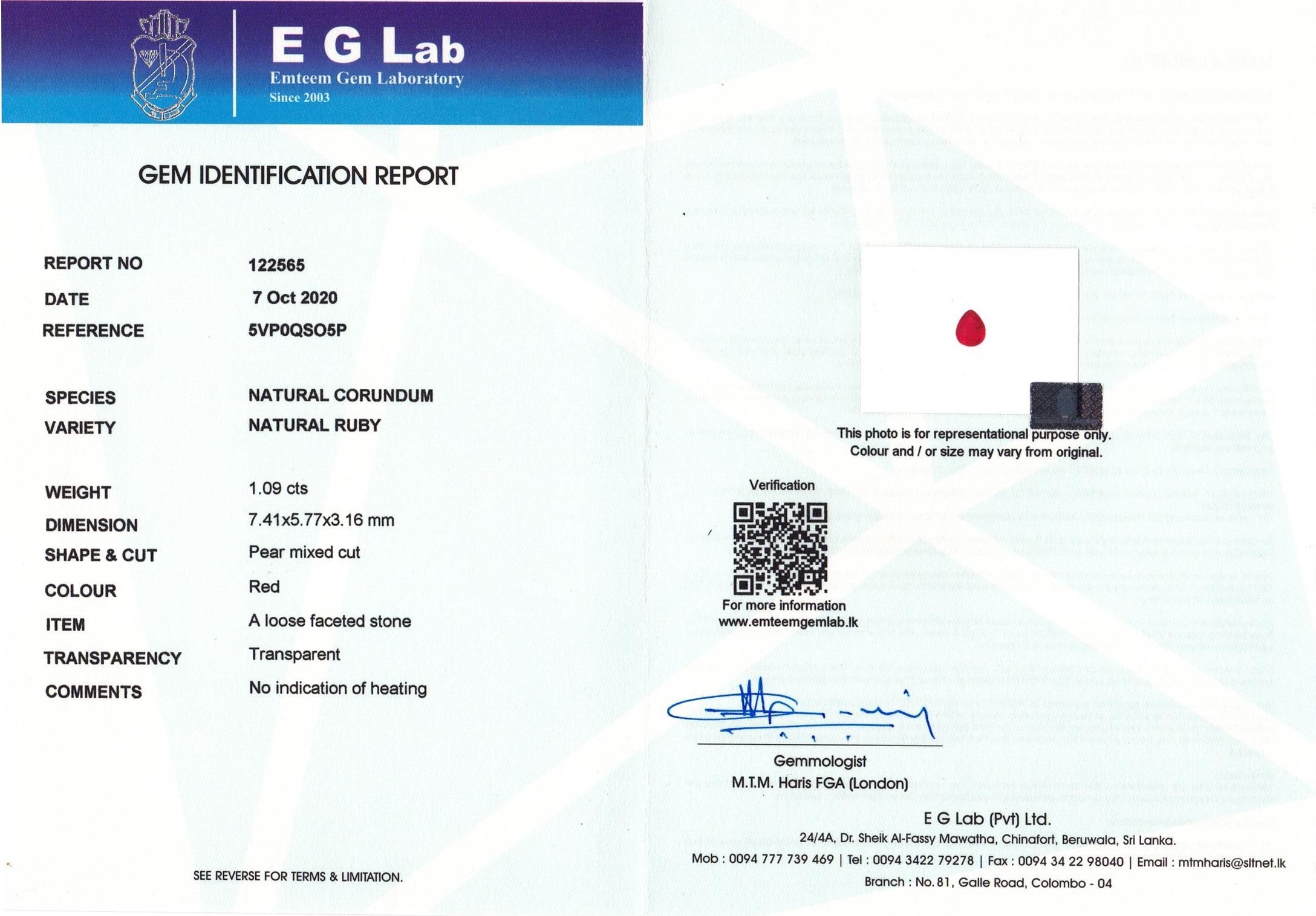 1.09 Ct. Ruby from Mozambique