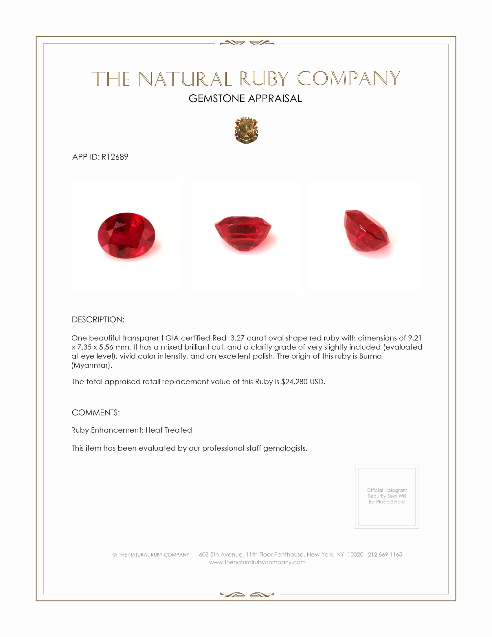 3.27 Ct. Ruby from Burma (Myanmar)