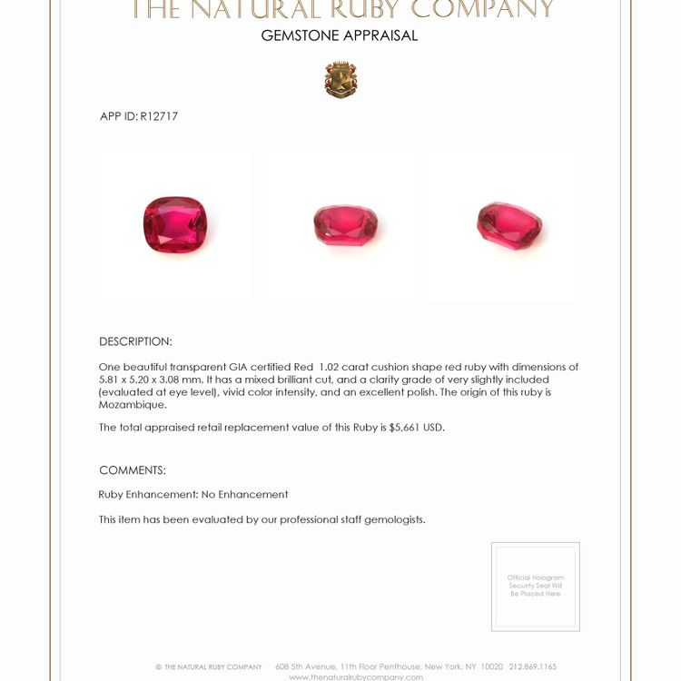 1.02 Ct. Ruby from Mozambique