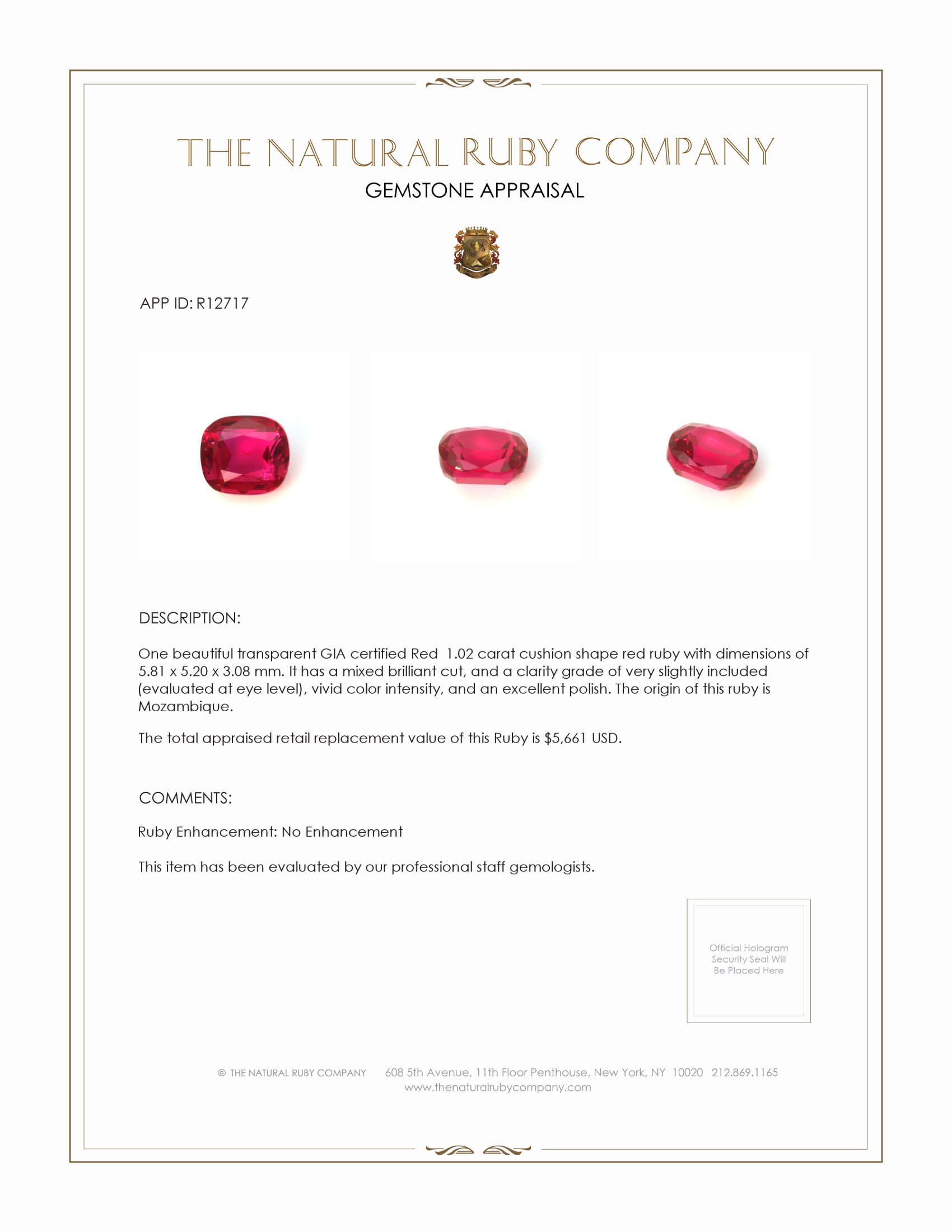 1.02 Ct. Ruby from Mozambique