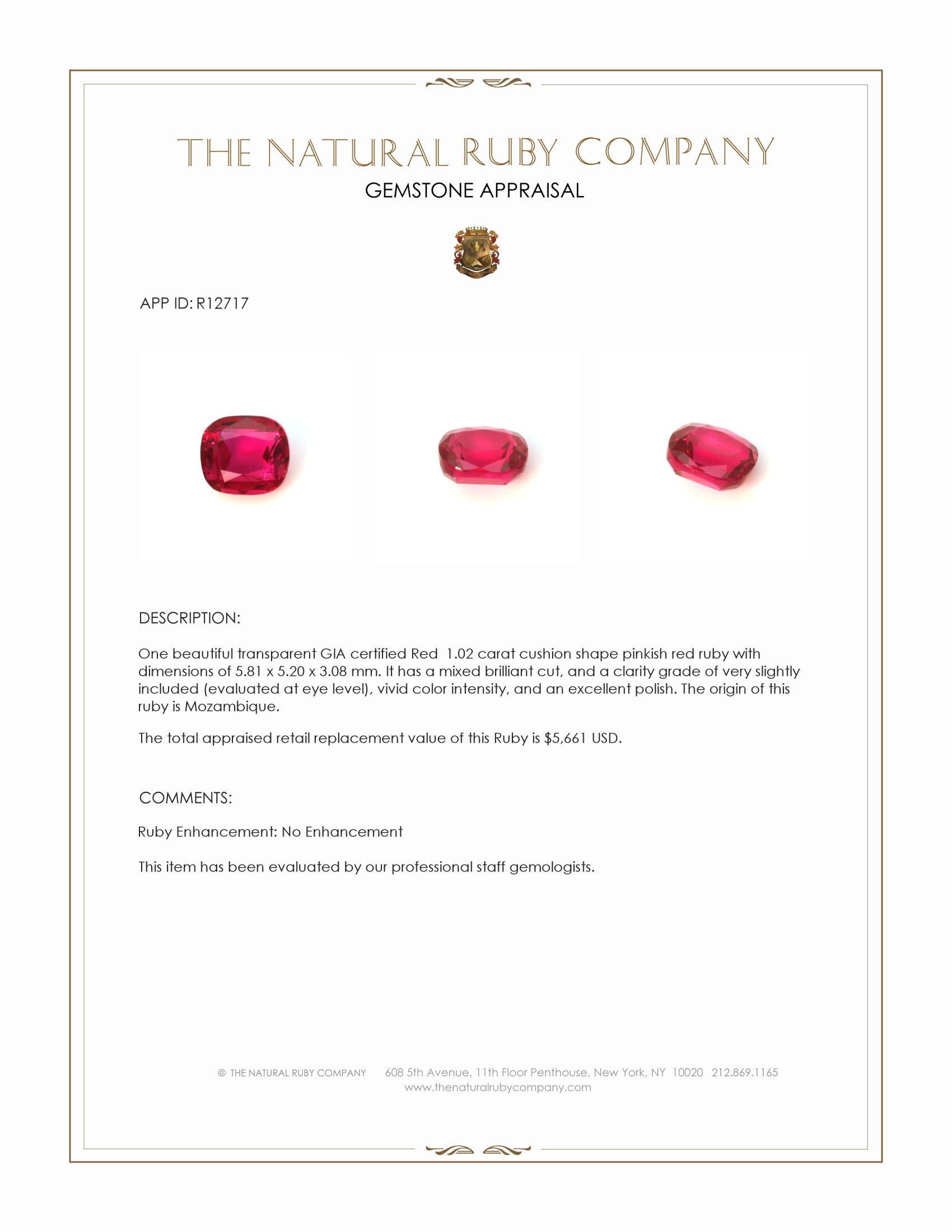 1.02 Ct. Pinkish Red Ruby from Mozambique