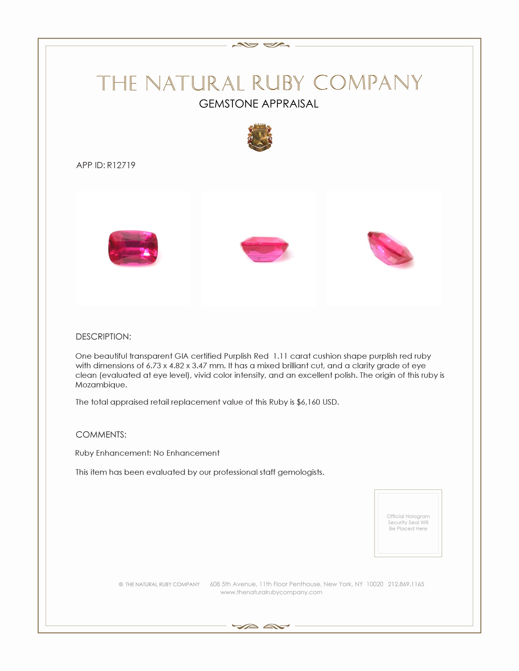 1.11 Ct. Purplish Red Ruby from Mozambique