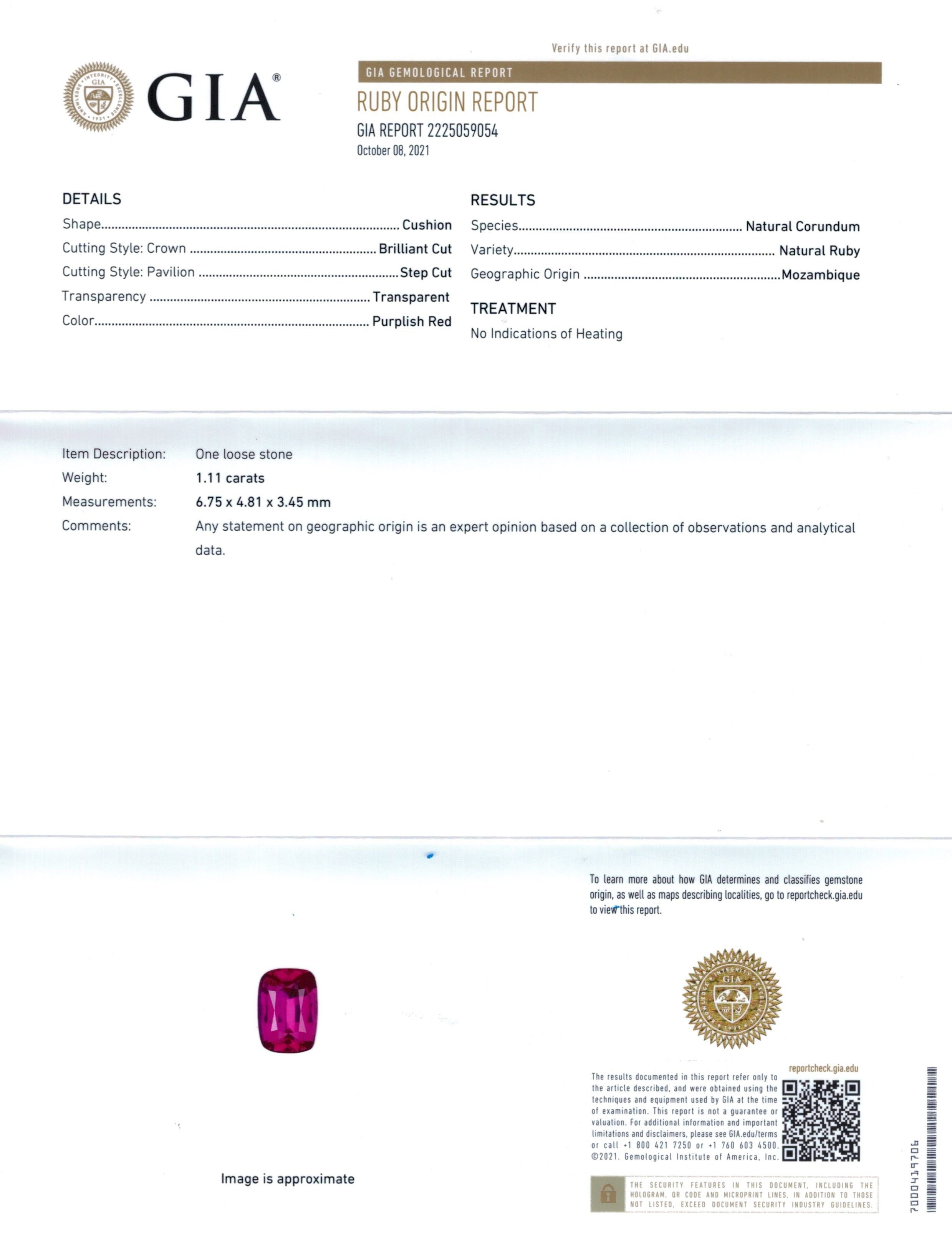 1.11 Ct. Ruby from Mozambique