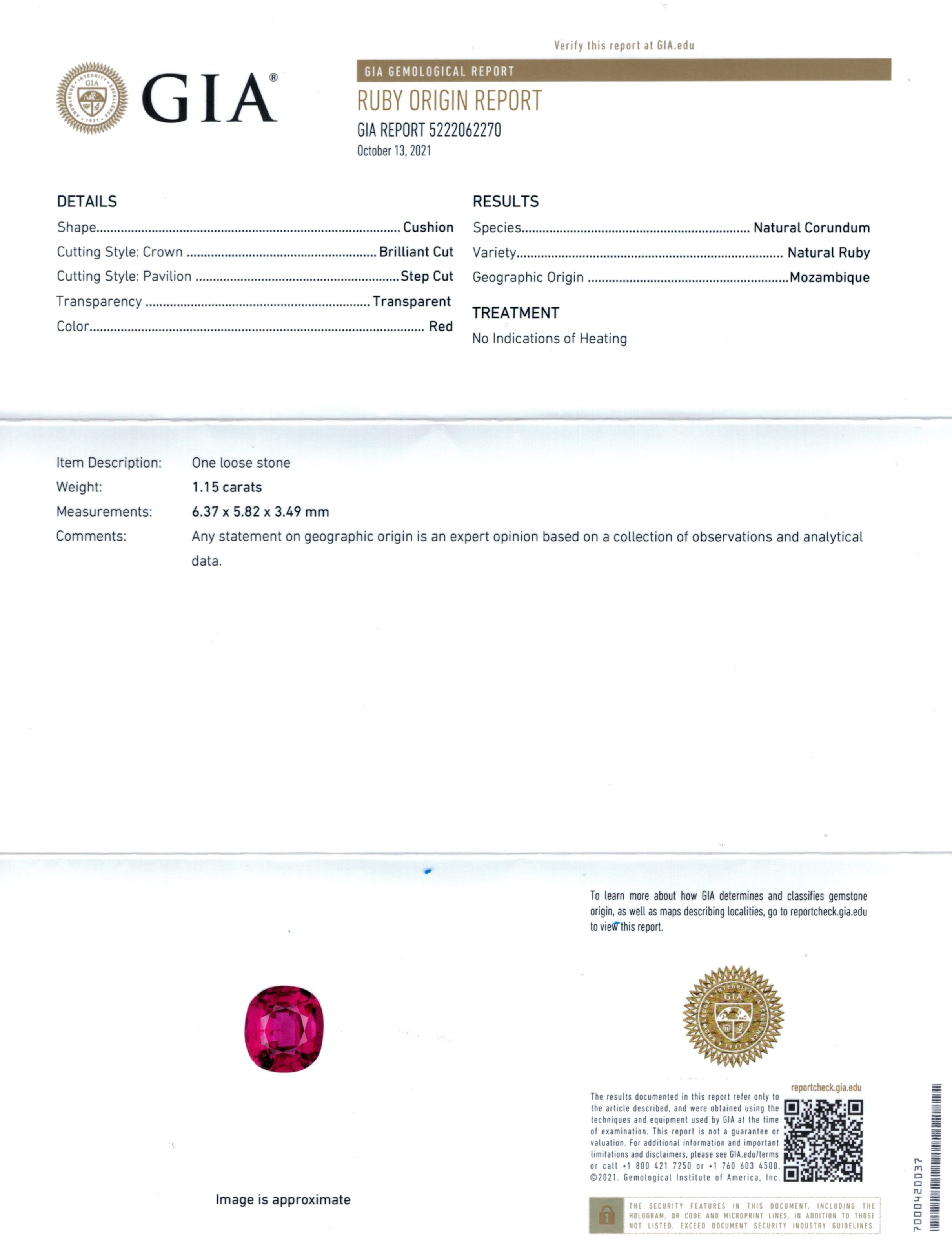 1.15 Ct. Ruby from Mozambique