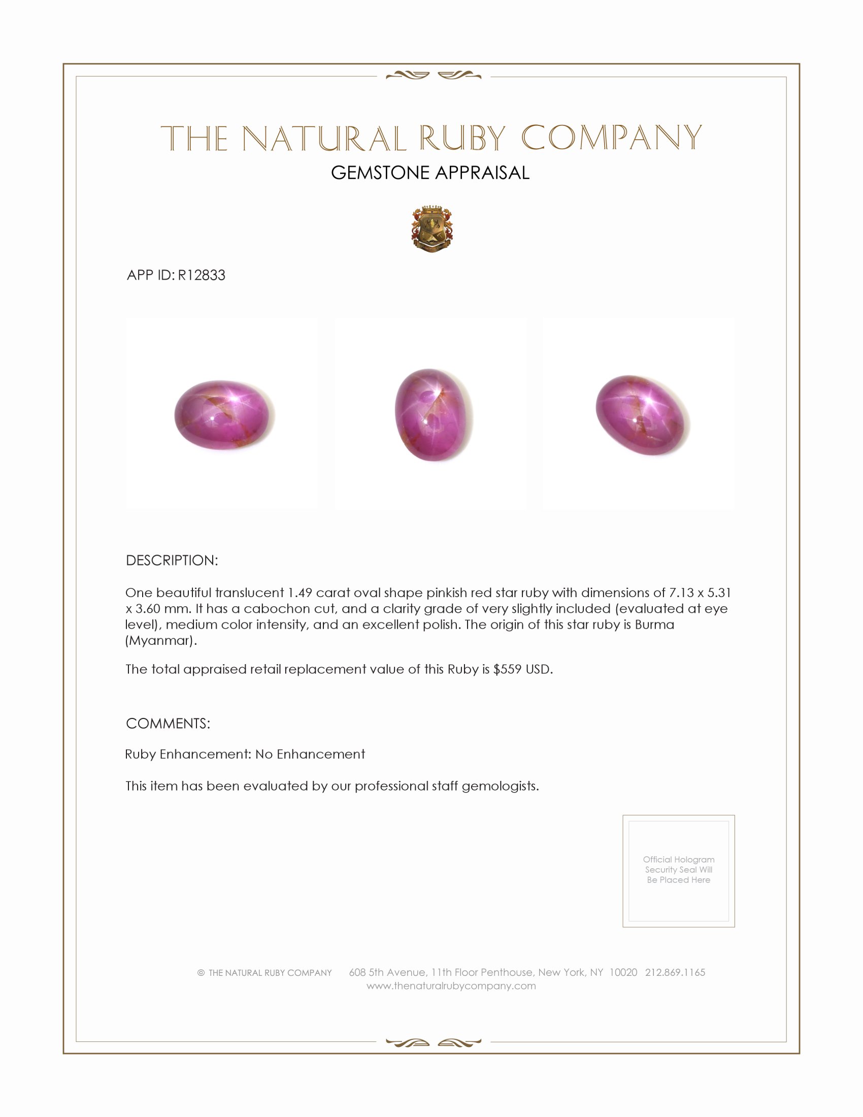 1.49 Ct. Star Ruby from Burma (Myanmar)