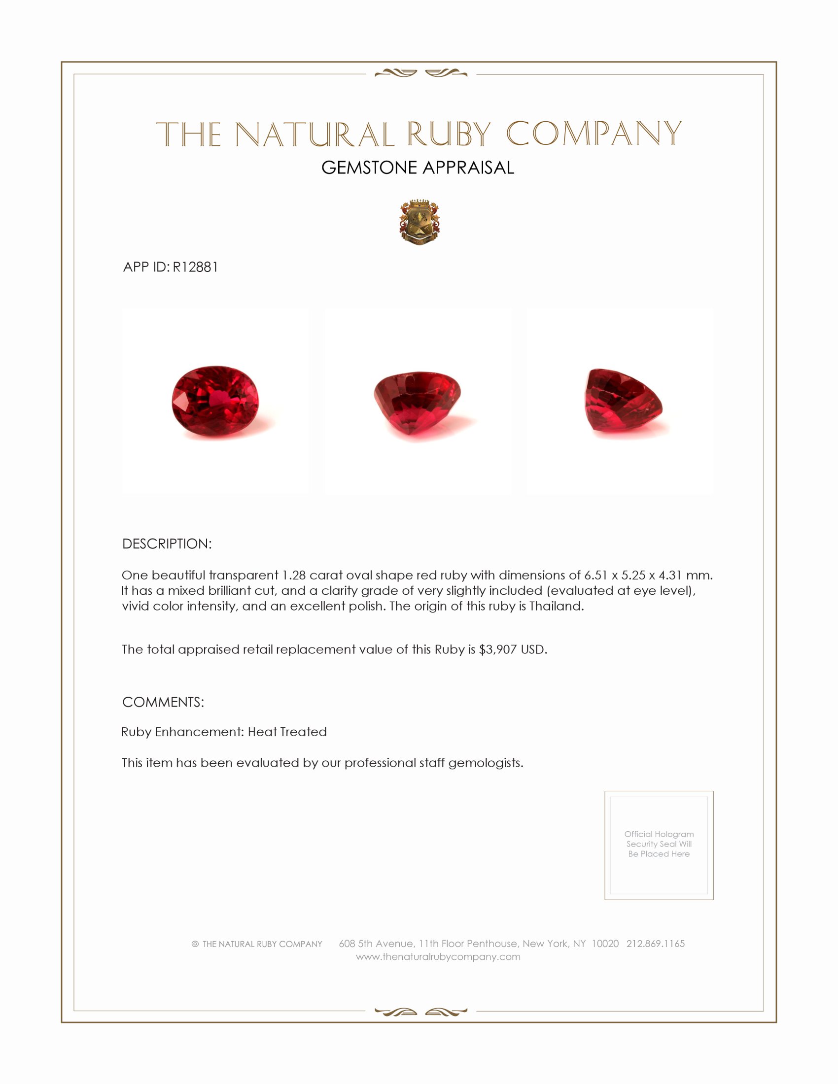 1.28 Ct. Ruby from Thailand