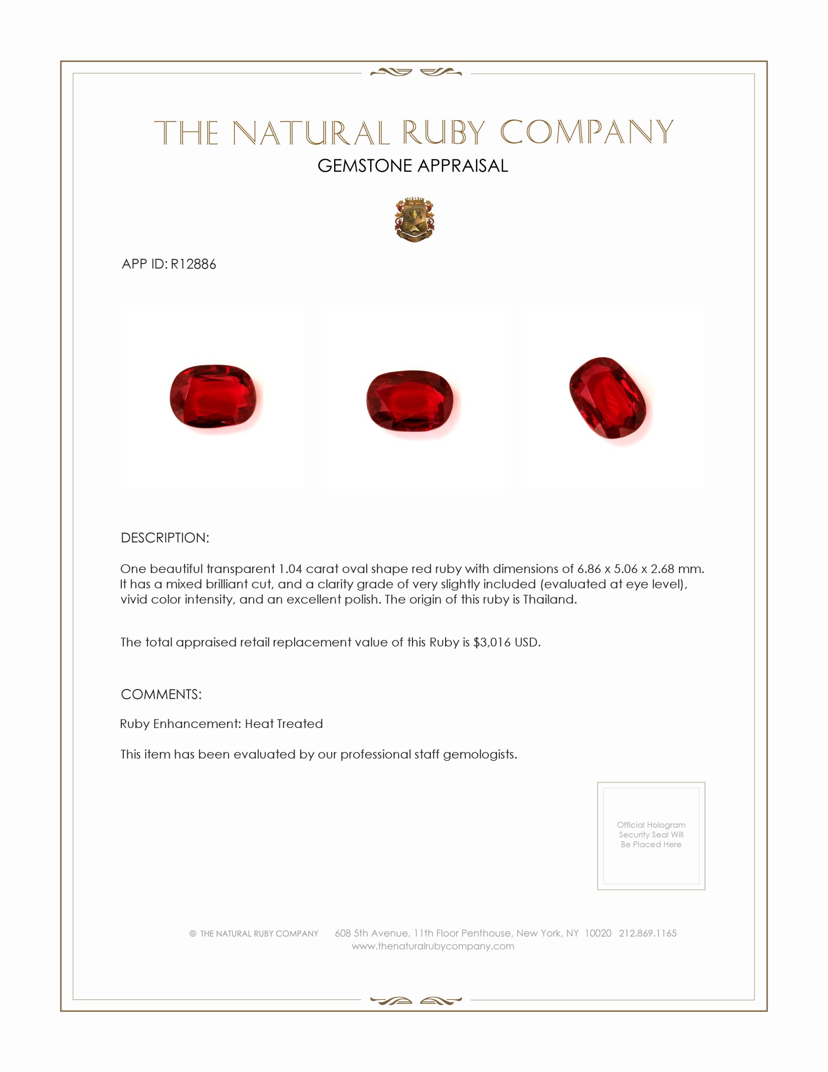 1.04 Ct. Ruby from Thailand